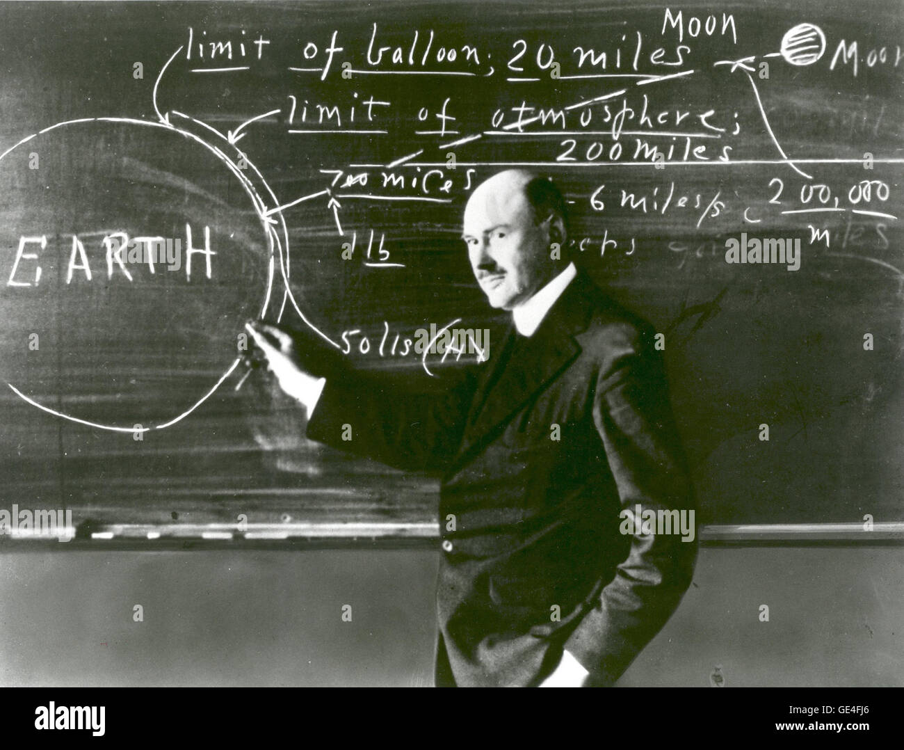 Full Description: Dr. Robert H. Goddard at a blackboard at Clark University in Worcester, Massachusetts, in 1924. Goddard began teaching physics in 1914 at Clark and in 1923 was named the Director of the Physical Laboratory. In 1920 the Smithsonian Institution published his seminal paper A Method for Reaching Extreme Altitudes where he asserted that rockets could be used to send payloads to the Moon. Declaring the absurdity of rockets ever reaching the Moon, the press mocked Goddard and his paper, calling him &quot;Moon Man.&quot; To avoid further scrutiny Goddard eventually moved to New Mexic Stock Photo