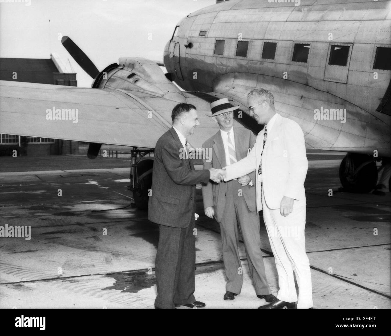 (September 8, 1947) Hugh L. Dryden (left), George Lewis's successor as the NACA's director of research, arrives with John F. Victory, the NACA's executive secretary, for a tour of the Langley Memorial Aeronautical Laboratory (LMAL). Welcoming Dryden and Victory is engineer-in-charge Henry Reid.  Image # : L-54384 Stock Photo