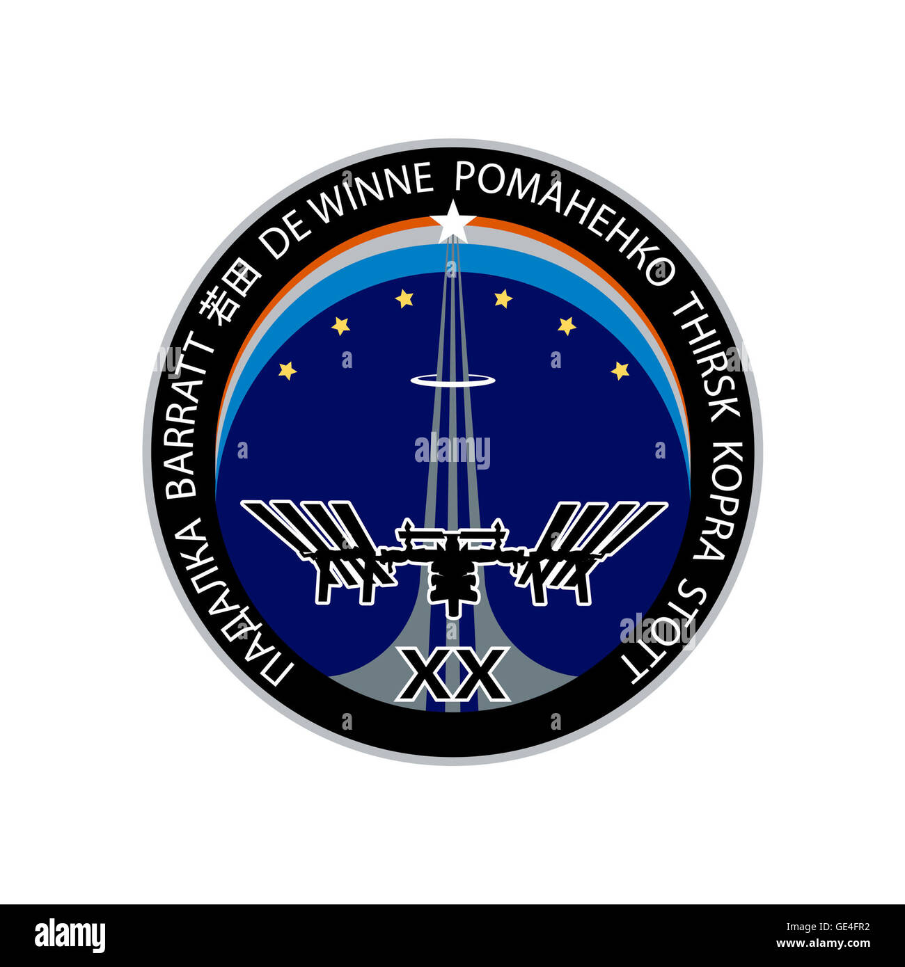 Launch: Soyuz TMA-15 May 27, 2009 Landing: October 11, 2009 Astronauts: Gennady Padalka, Michael Barratt, Timothy Kopra, Koichi Wakata, Roman Romanenko, Frank Winne, Robert Thirsk and Nicole Stott  The Expedition 20 patch symbolizes a new era in space exploration with the first six-person crew living and working onboard ISS and represents the significance of the ISS to the exploration goals of NASA and its international partners. The six gold stars signify the men and women of the crew. The astronaut symbol extends from the base of the patch to the star at the top to represent the internationa Stock Photo