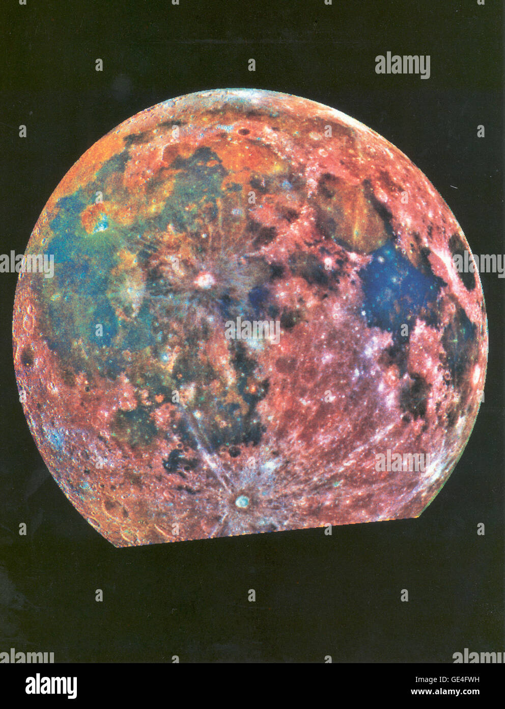 This false-color photograph is a composite of 15 images of the Moon taken through three color filters by the Galileo spacecrafts solid-state imaging system during the spacecrafts passage through the Earth-Moon system on December 8, 1992. When this view was obtained, the spacecraft was 425,000 kilometers (262,000 miles) from the Moon and 69,000 kilometers (43,000 miles) from Earth. The false-color processing used to create this lunar image is helpful for interpreting the surface soil composition. Areas appearing red generally correspond to the lunar highlands, while blue to orange shades indica Stock Photo