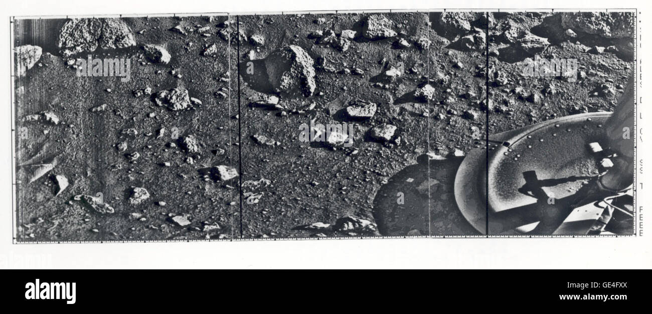 The image above is the first photograph ever taken from the surface of Mars. It was taken by the Viking 1 lander shortly after it touched down on Mars on July 20, 1976. Part of footpad #2 can be seen in the lower right corner, with sand and dust in the center of it, probably deposited during landing. The next day, color photographs were also taken on the Martian surface. The primary objectives of the Viking missions, which was composed of two spacecraft, were to obtain high-resolution images of the Martian surface, characterize the structure and composition of the atmosphere and surface, and s Stock Photo