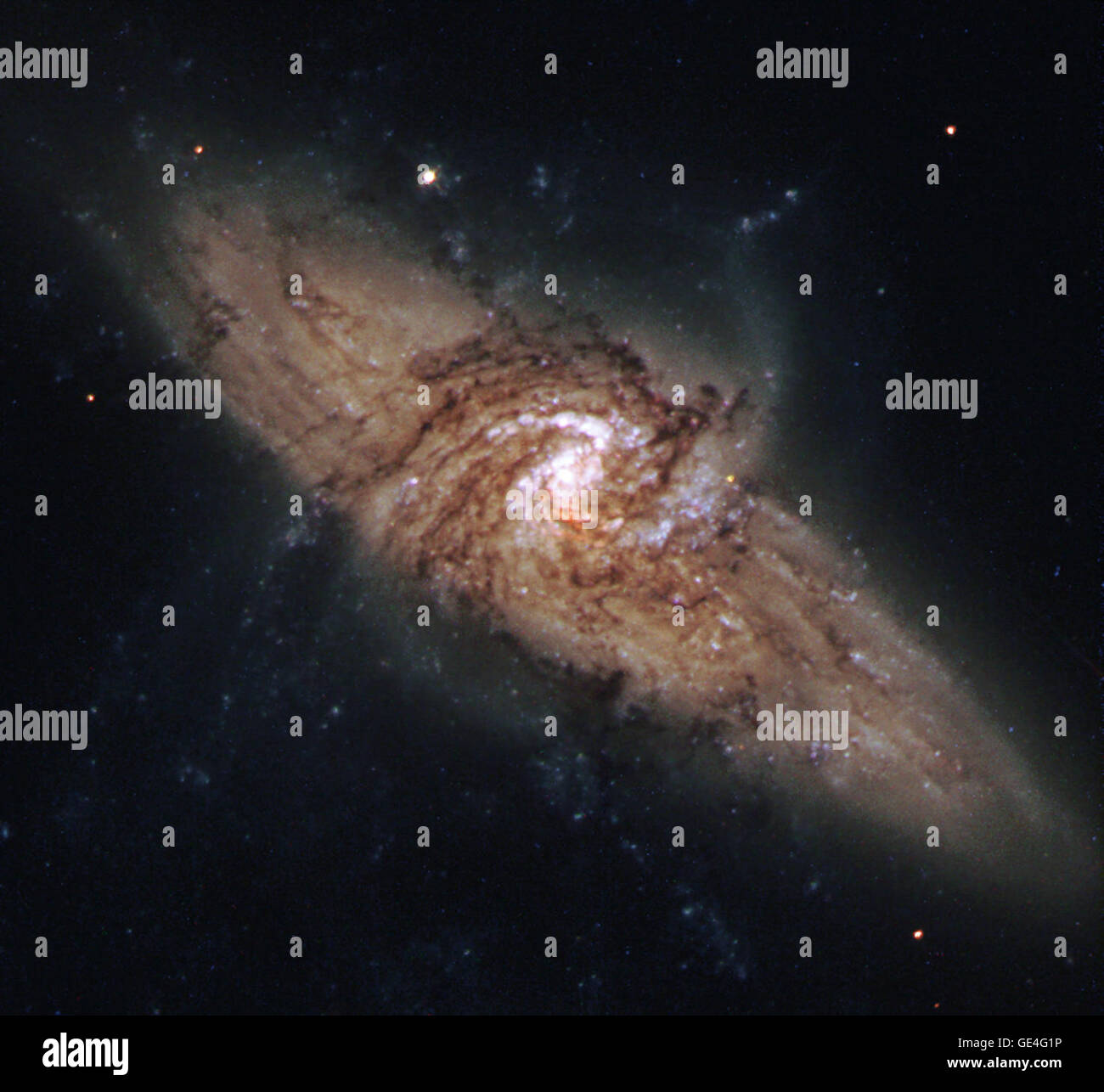This image from NASA's Hubble Space Telescope and its Wide Field and Planetary Camera 2 (WFPC2) shows the unique galaxy pair called NGC 3314. Through an extraordinary chance alignment, a face-on spiral galaxy lies precisely in front of another larger spiral. This line-up provides us with the rare chance to visualize dark material within the front galaxy, seen only because it is silhouetted against the object behind it. Dust lying in the spiral arms of the foreground galaxy stands out where it absorbs light from the more distant galaxy. This silhouetting shows us where the interstellar dust clo Stock Photo