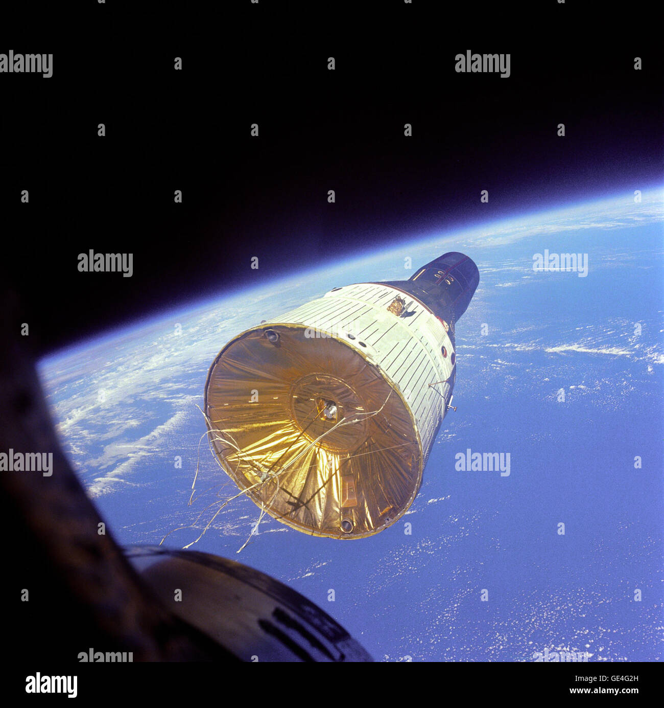 (December 15, 1965) NASA successfully completed its first rendezvous mission with two Gemini spacecraft-Gemini VII and Gemini VI-in December 1965. This photograph, taken by Gemini VI crewmembers Walter Schirra and Thomas Stafford, shows Gemini VII in orbit 160 miles (257 km) above Earth. The main purpose of Gemini VI was the rendezvous with Gemini VII. The main purpose of Gemini VII, on the other hand, was studying the long-term effects of long-duration (up to 14 days) space flight on a two-man crew. The pair also carried out 20 experiments, including medical tests. Although the principal obje Stock Photo