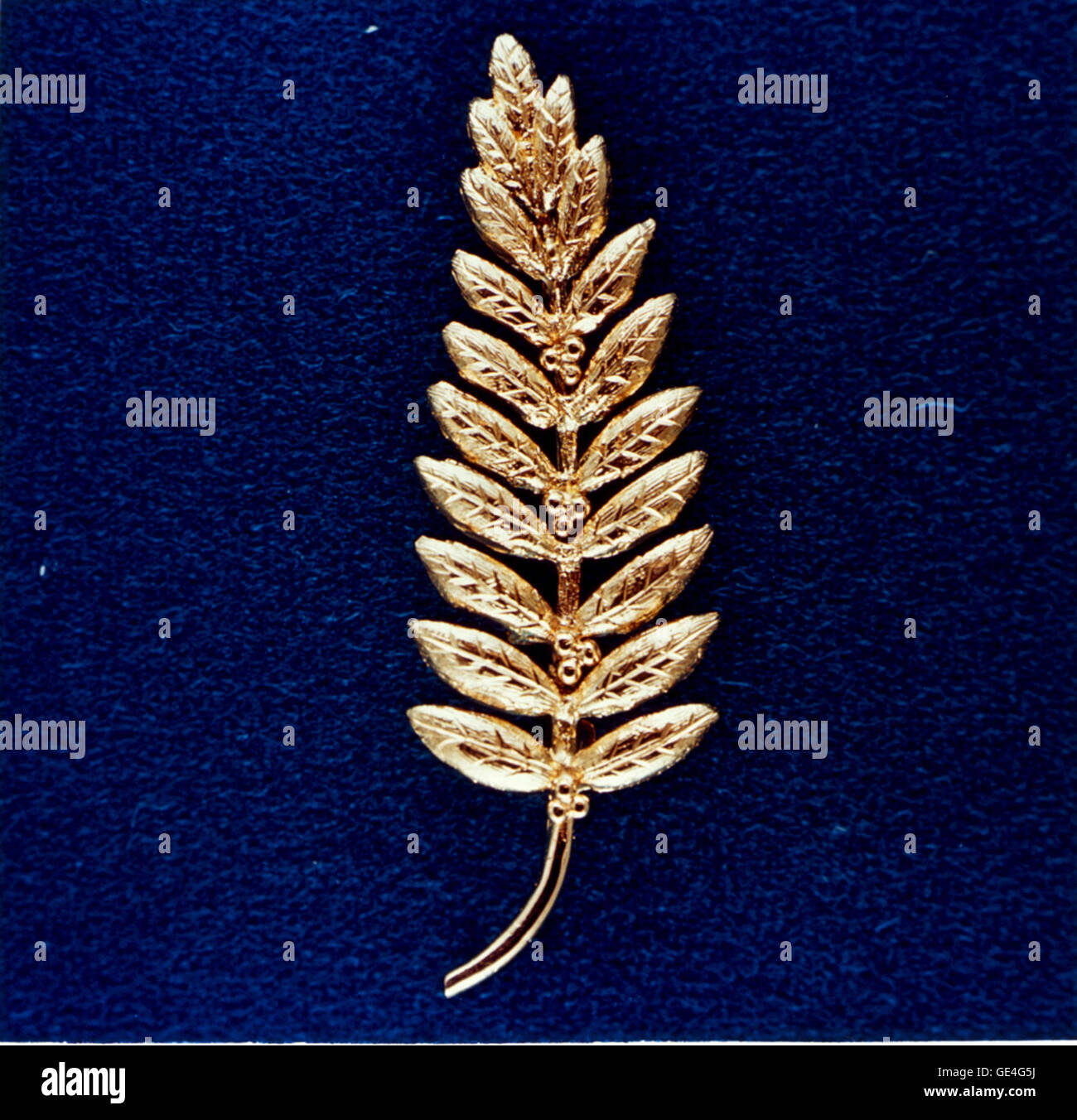 (July 20, 1969) This is the gold replica of an olive branch, the traditional symbol of peace, left on the Moon's surface by Apollo 11 crewmembers. Astronaut Neil A. Armstrong, commander, placed the small replica (less than half a foot in length) on the Moon. The gesture represented a wish for peace for all mankind.  Image # : 71-HC-602 Stock Photo