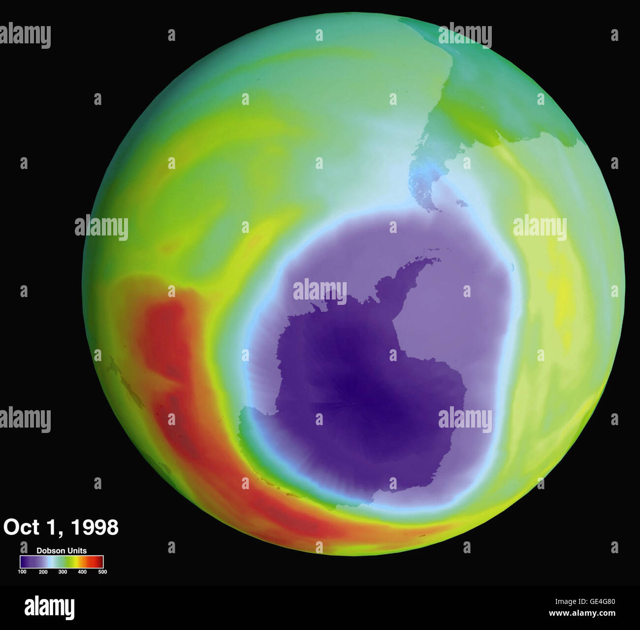In 1985, the discovery of a significant ozone layer depletion over Antarctica led to a worldwide effort to reduce the use of CFCs. This image, taken by Goddard Space Flight Center, shows ozone levels with blue/purple areas indicating lower concentrations and red areas indicating higher levels. Stock Photo