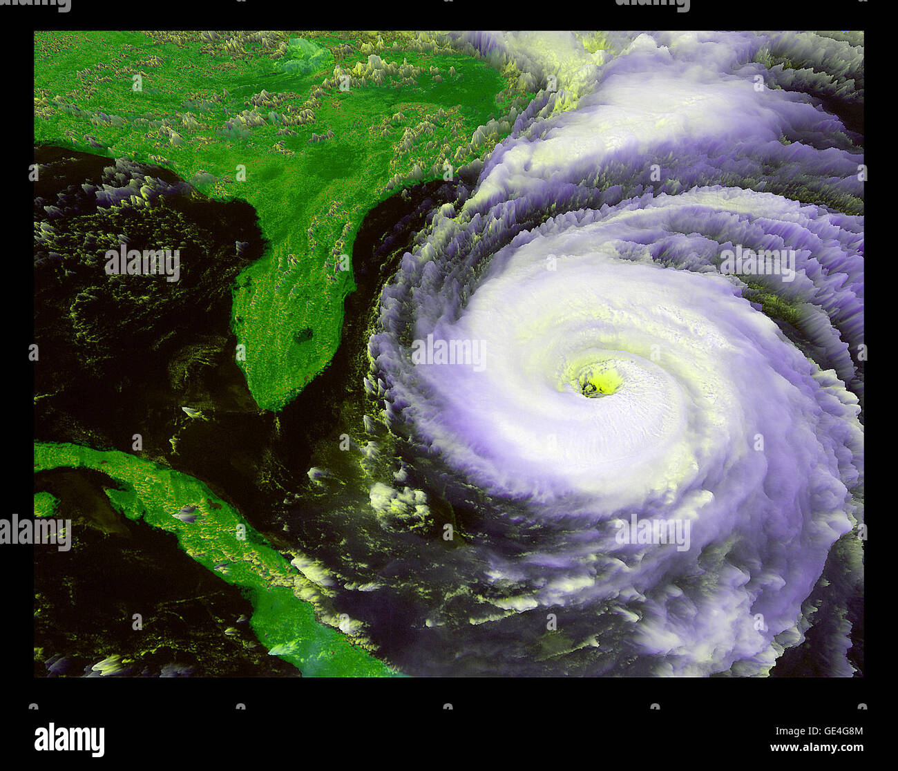 The GOES weather satellites took this image of Hurricane Fran just as it was beginning its disastrous journey north along the East Coast in 1996. The storm slammed into North Carolina's southern coast on September 5 with sustained winds of approximately 115 mph and gusts as high as 125 mph. At one point, 1.7 million customers in North Carolina and 400,000 customers in Virginia lost electricity. The storm caused about $5 billion in damages in North Carolina alone, making Fran the third most costly hurricane in U.S. history. Stock Photo