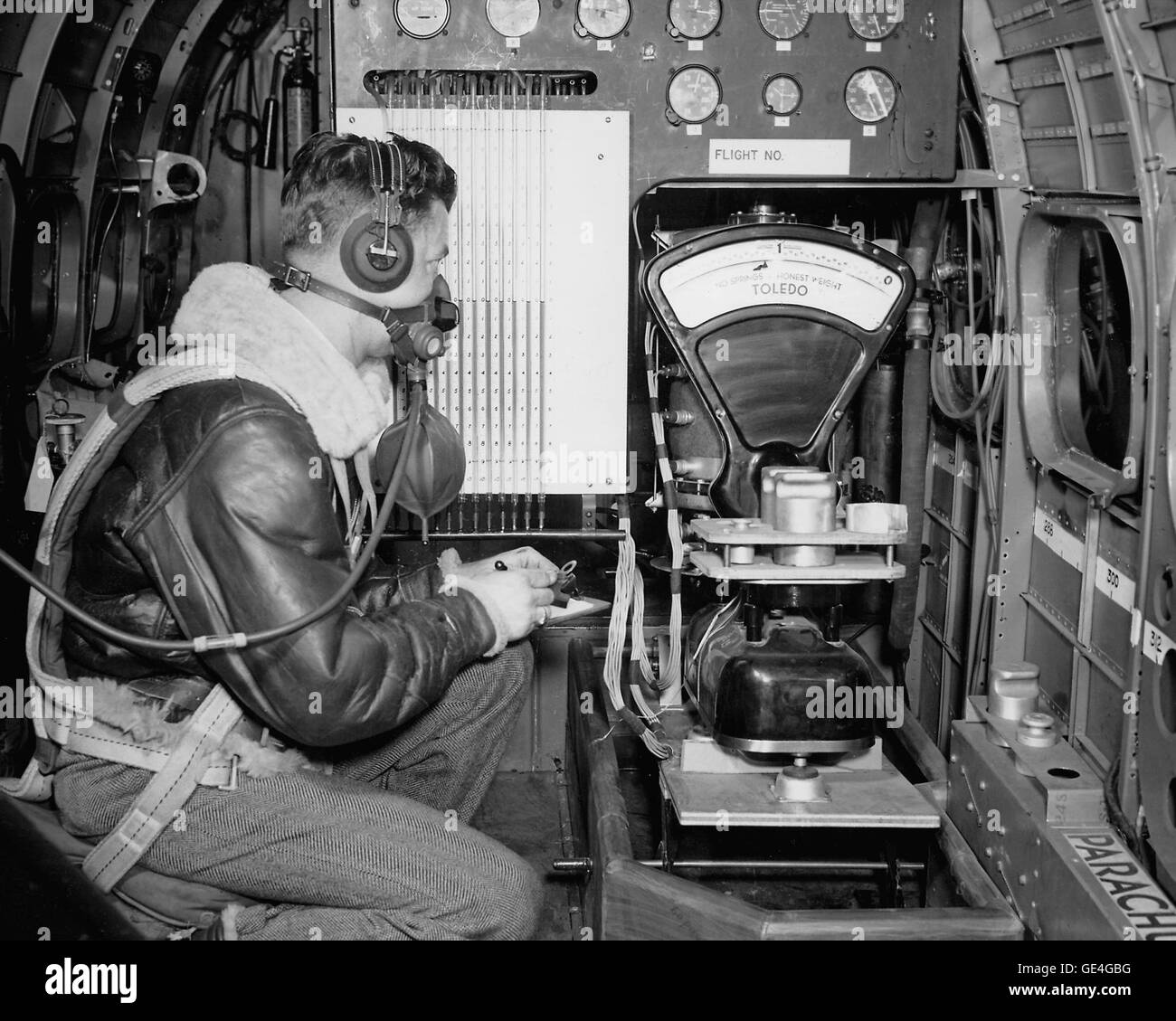 (March 11, 1944) Recording high altitude flight data in a flying laboratory at the Aircraft Engine Research Laboratory of the National Advisory Committee for Aeronautics, Cleveland, Ohio, now known as the John H. Glenn Research Center at Lewis Field. The aircraft is a modified B-29 bomber manufactured by Boeing, and backbone of the World War II effort. It was used to determine what conditions cause ice to form on wings and aircraft surfaces.   Image # : C1944-4907 Stock Photo