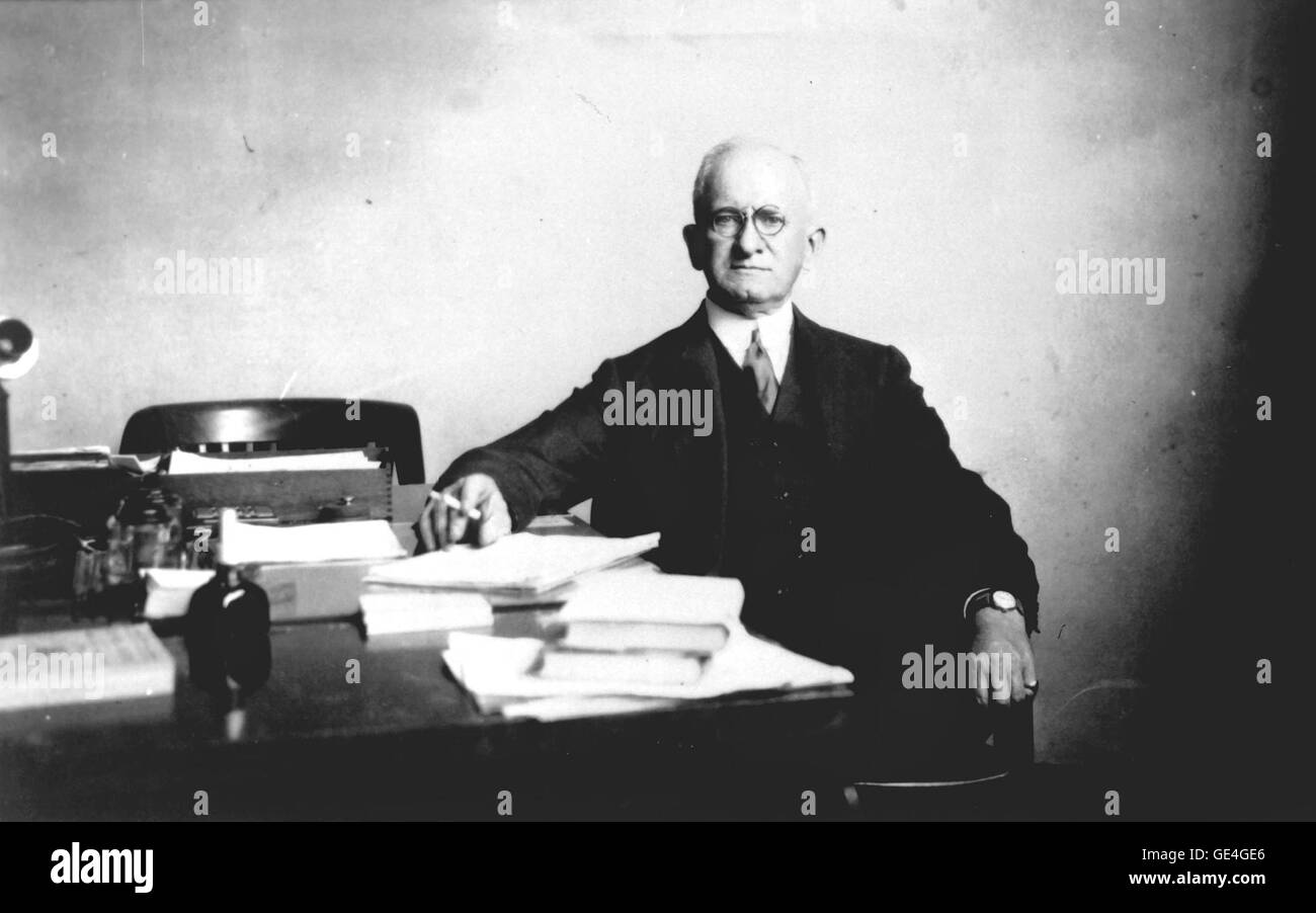 Dr. Joseph Sweetman Ames at his desk at the NACA headquarters. Dr. Ames was a founding member of NACA (National Advisory Committee for Aeronautics), appointed by President Woodrow Wilson in 1915. Ames took on NACA's most challenging assignments but mostly represented physics. He chaired the Foreign Service Committee of the newly-founded National Research Council, oversaw the NACA's patent cross-licensing plan that allowed manufacturers to share technologies. Ames expected the NACA to encourage engineering education. He pressed universities to train more aerodynamicists, then structured NACA to Stock Photo