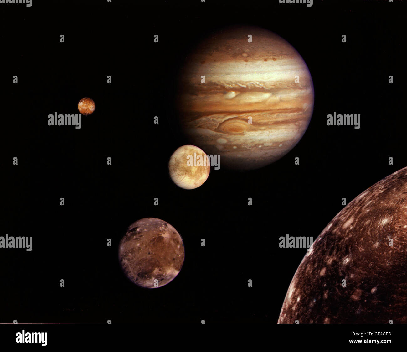 (March 1979) Jupiter and its four planet-size moons, called the Galilean satellites, were photographed in early March 1979 by Voyager 1 and assembled into this collage. They are not to scale but are in their relative positions. Startling new discoveries on the Galilean moons and the planet Jupiter made by Voyager l factored into a new mission design for Voyager 2. Reddish Io (upper left) is nearest Jupiter; then Europa (center); Ganymede and Callisto (lower right). Nine other much smaller satellites circle Jupiter, one inside Io's orbit and the other millions of miles from the planet. Not visi Stock Photo