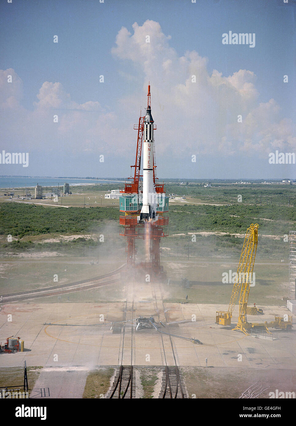 Launch of Freedom 7, the first American human suborbital space flight. Astronaut Alan Shepard aboard, the Mercury-Redstone (MR-3) rocket is launched from Pad 5.  Image # : 61C-0883  Date: May 5, 1961 Stock Photo