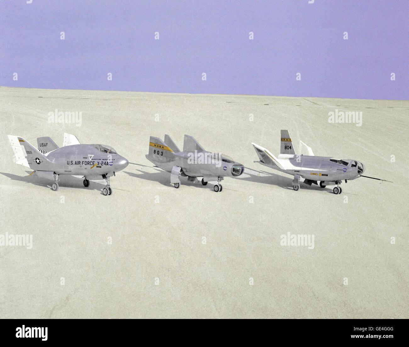 Three wingless lifting body aircraft—X-24A, M2-F3, and HL-10—on Rogers ...