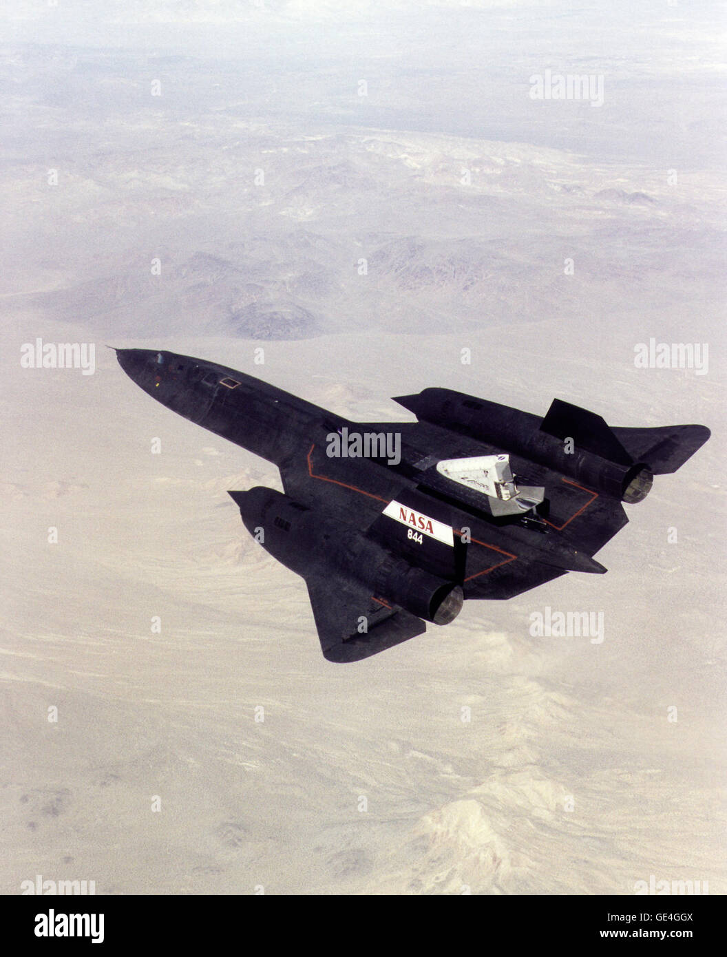 (October 31, 1997) A NASA SR-71 successfully completed its first flight October 31, 1997 as part of the NASA/Rocketdyne/Lockheed Martin Linear Aerospike SR-71 Experiment (LASRE) at NASA's Dryden Flight Research Center, Edwards, California. The SR-71 took off at 8:31 a.m. PST. The aircraft flew for one hour and fifty minutes, reaching a maximum speed of Mach 1.2 before landing at Edwards at 10:21 a.m. PST, successfully validating the SR-71/linear aerospike experiment configuration.   Image # : EC97-44295-108 Stock Photo