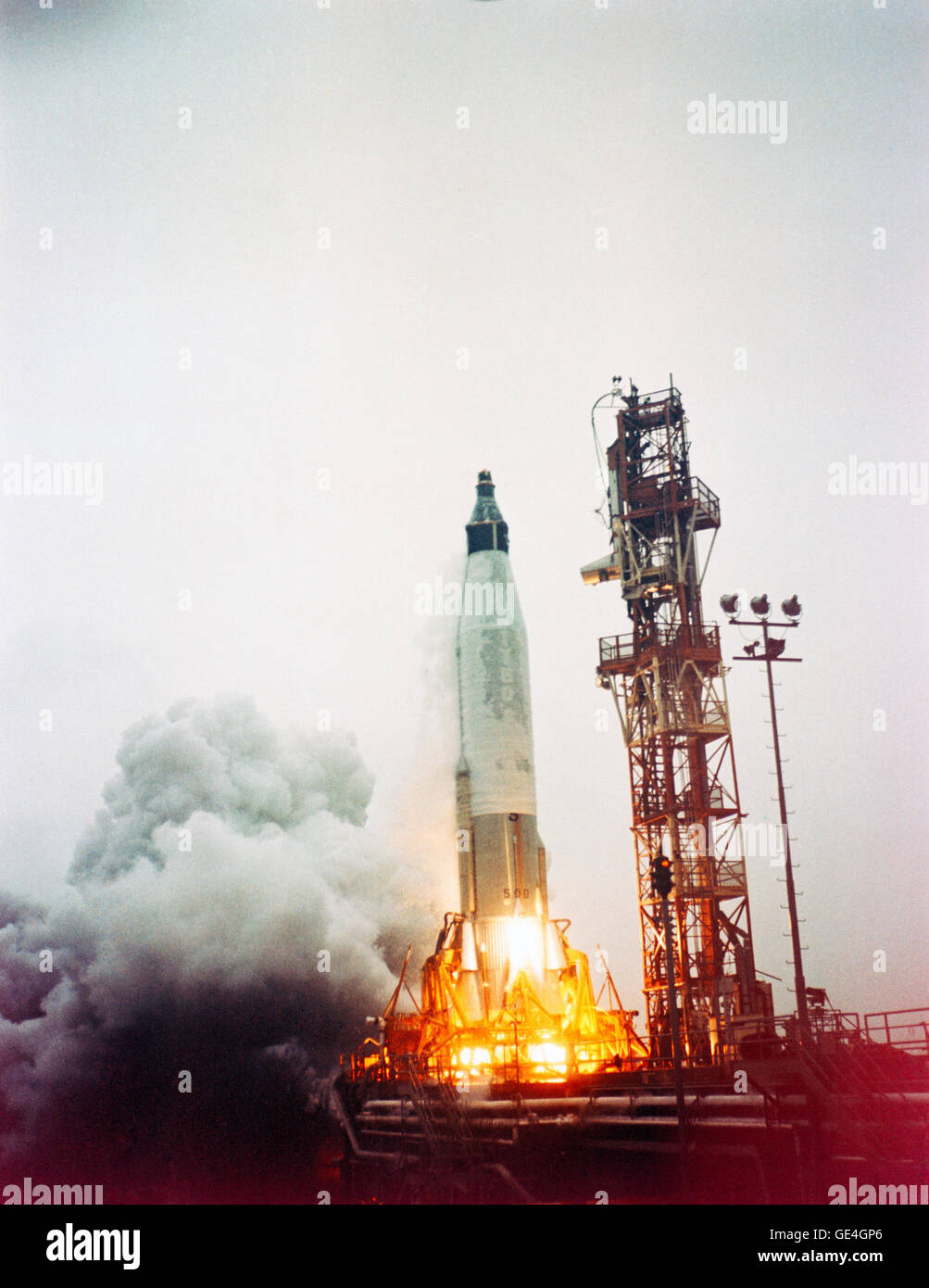 The Mercury-Atlas 1 spacecraft, an uncrewed test mission, launched on July 29, 1960, but failed after just under a minute due to an explosion. This was the first attempt to launch the Mercury capsule as part of NASA’s early manned space program. Stock Photo