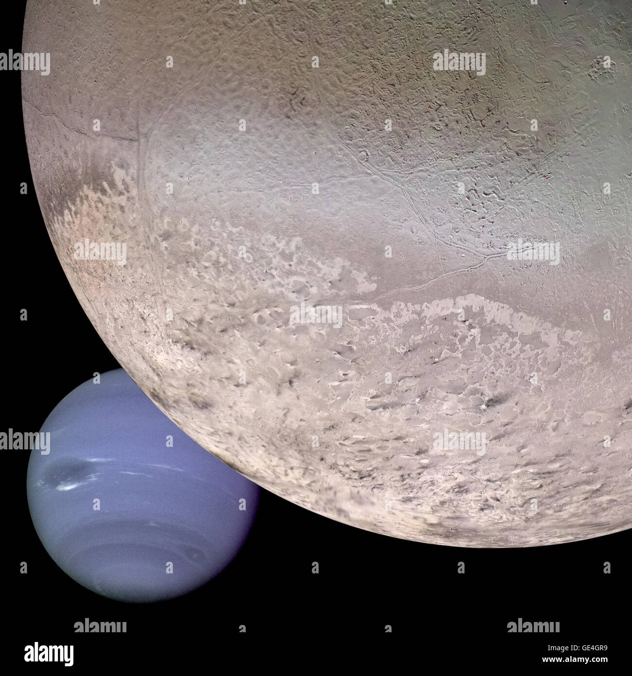 This computer generated montage shows Neptune as it would appear from a spacecraft approaching Triton, Neptune's largest moon at 2706 km (1683 mi) in diameter. The wind and sublimation eroded south polar cap of Triton is shown at the bottom of the Triton image, a cryovolcanic terrain at the upper right, and the enigmatic &quot;cantaloupe terrain&quot; at the upper left. Triton's surface is mostly covered by nitrogen frost mixed with traces of condensed methane, carbon dioxide, and carbon monoxide. The tenuous atmosphere of Triton, though only about one hundredth of one percent of Earth's atmos Stock Photo