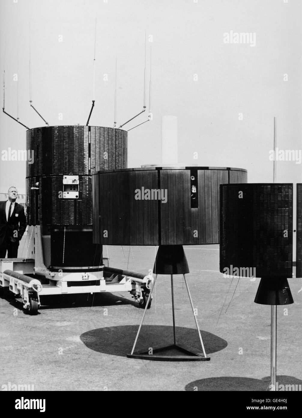 (October 16, 1968) The replicas of the covey (flock) of synchronous communication satellites that were used to televise the 19th Olympic Games from Mexico City to audiences in Europe and Japan. The satellites are shown at Hughes Aircraft Company, Culver City, California where they were built for NASA and Comsat Corporation. In the center is a full- scale model of the Intelsat II satellite, which was used by Comsat to send color TV direct to Japan via a Hughes ground station installed near San Jose, California. Left of Intelsat is the NASA's ATS-3 (Application Technology Satellites), which tran Stock Photo