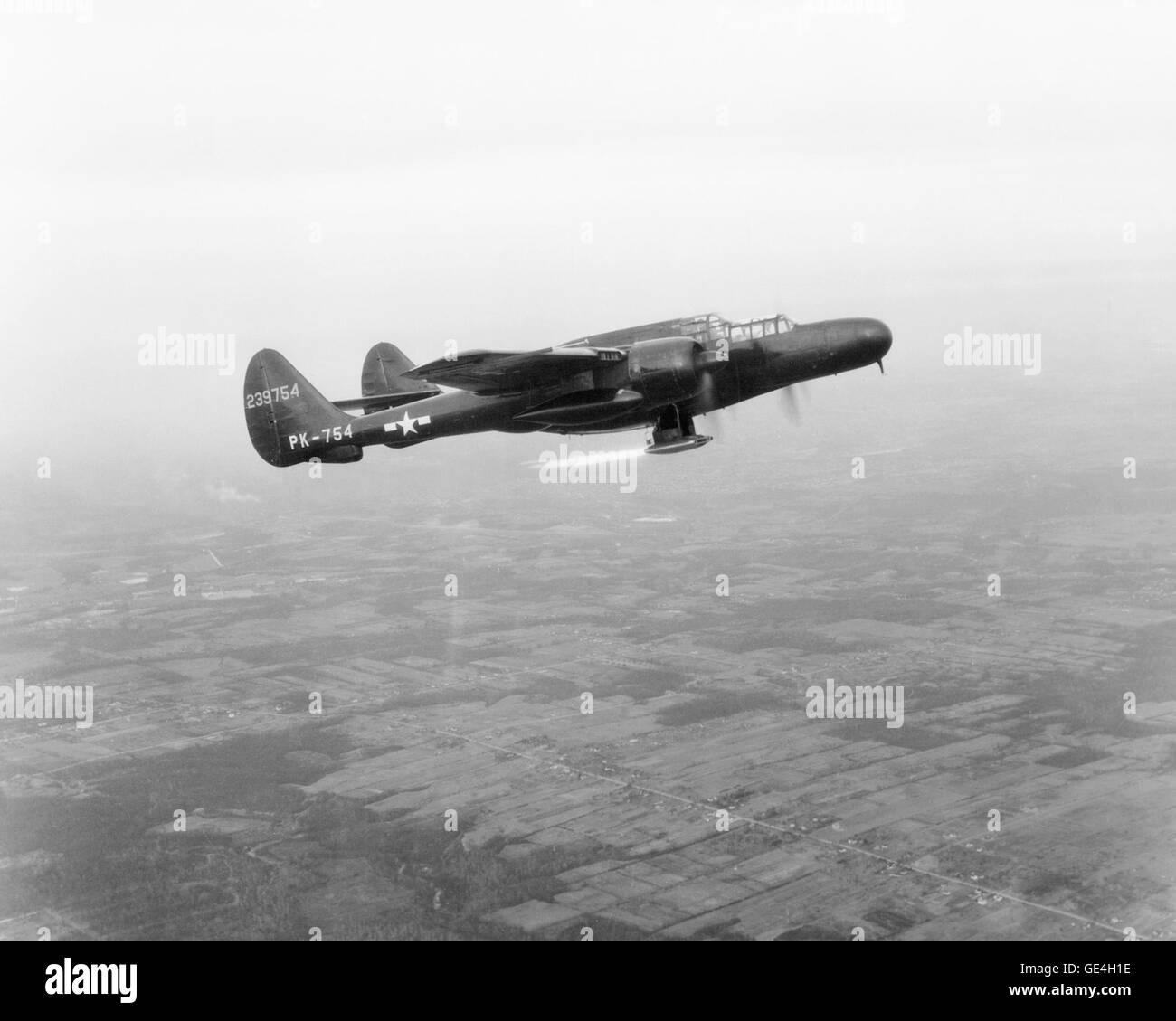 (January 27, 1947) P-61 airplane in flight test with ramjet burning. The P-61 aircraft was built by Nothrup and used by the Aircraft Engine Research Laboratory or AERL of the NACA to test the new jet engine. The AERL is now NASA's John H. Glenn Research Center in Cleveland, Ohio.   Image # : C1947-17743 Stock Photo