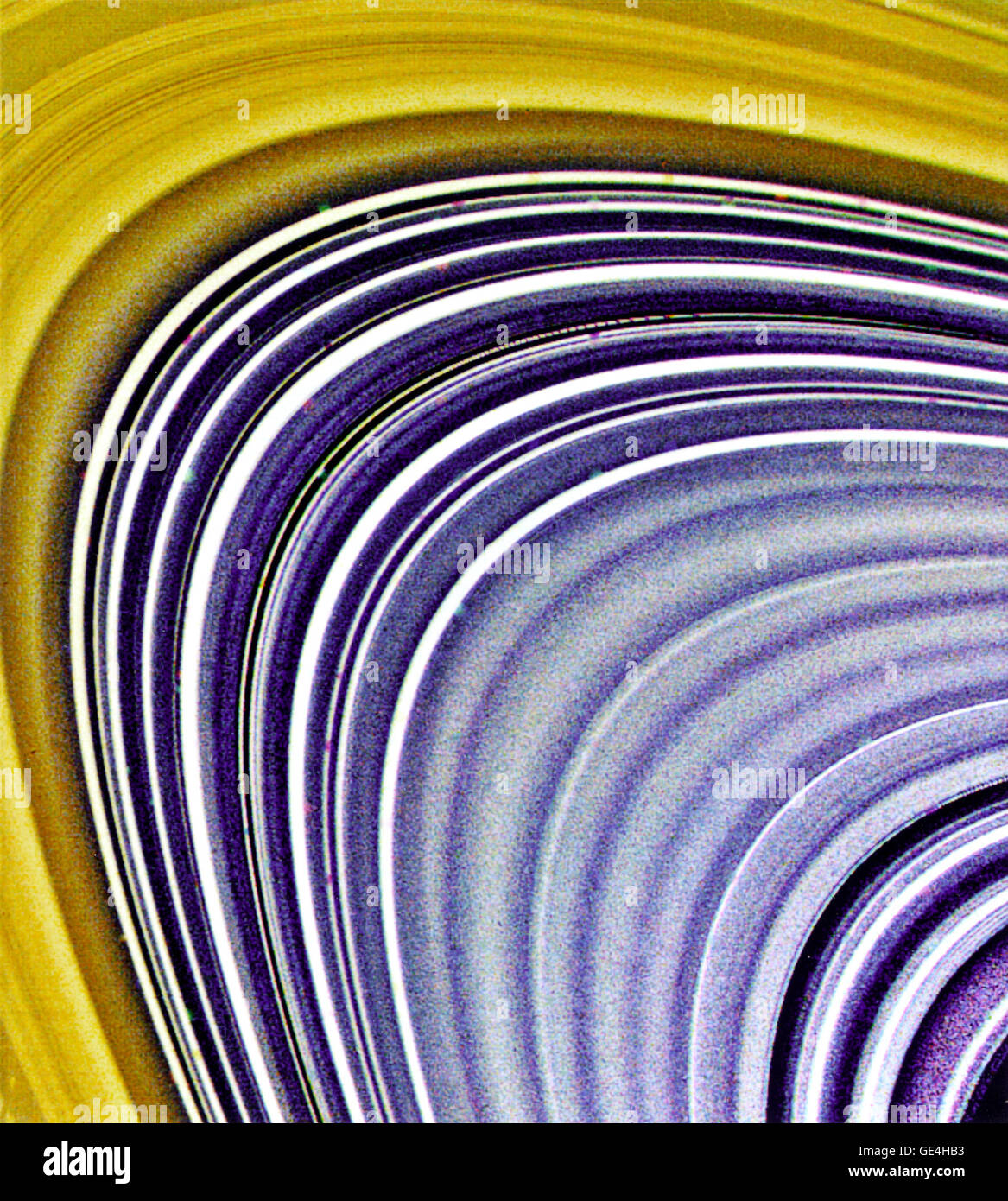 (August 23, 1981) This Voyager 2 view, focusing on Saturn's C-ring (and to a lesser extent, the B- ring at top and left) was compiled from three separate images taken through ultraviolet, clear and green filters. On August 23, 1981, when it acquired these frames, Voyager 2 was 2.7 million kilometers (1.7 million miles) from the planet. In general, C-ring material is very bland and gray, the color of dirty ice. Color differences between this ring and the B-ring indicate differing surface compositions for the material composing these complex structures. More than 60 bright and dark ringlets are  Stock Photo