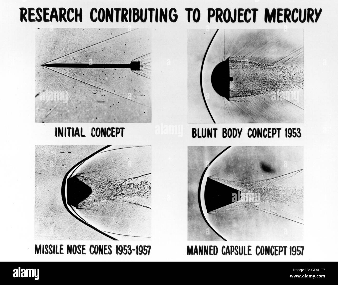 These four shadowgraph images represent early re-entry vehicle concepts. A shadowgraph is a process that makes visible the disturbances that occur in a fluid flow at high velocity, in which light passing through a flowing fluid is refracted by the density gradients in the fluid resulting in bright and dark areas on a screen placed behind the fluid.H. Julian Allen pioneered and developed the Blunt Body Theory which made possible the heat shield designs that were embodied in the Mercury, Gemini and Apollo space capsules, enabling astronauts to survive the firey re-entry into Earth's atmosphere.  Stock Photo