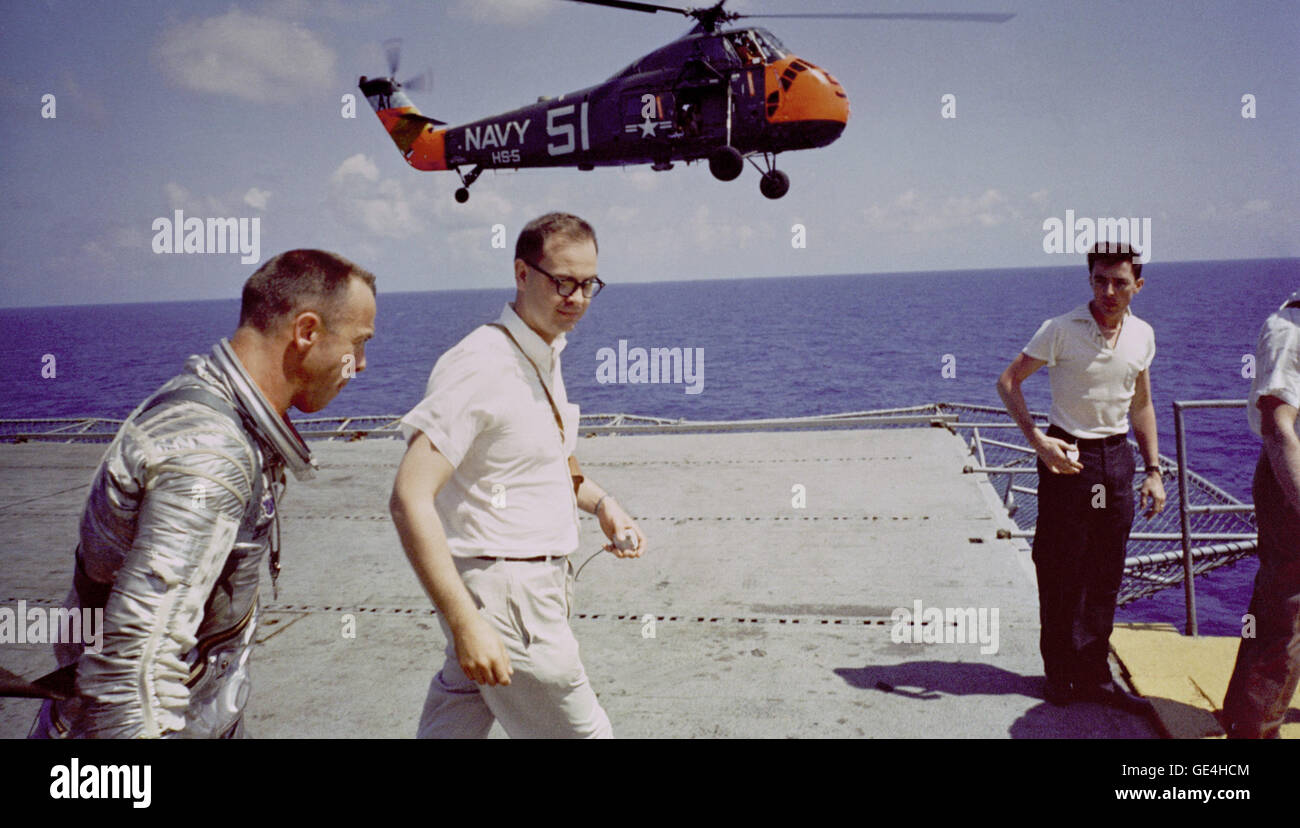 Astronaut Alan B. Shepard is seen on the deck of the U.S.S. Lake Champlain after the recovery of his Freedom 7 Mercury space capsule.  Image # : S88-31380  Date: May 5, 1961 Stock Photo