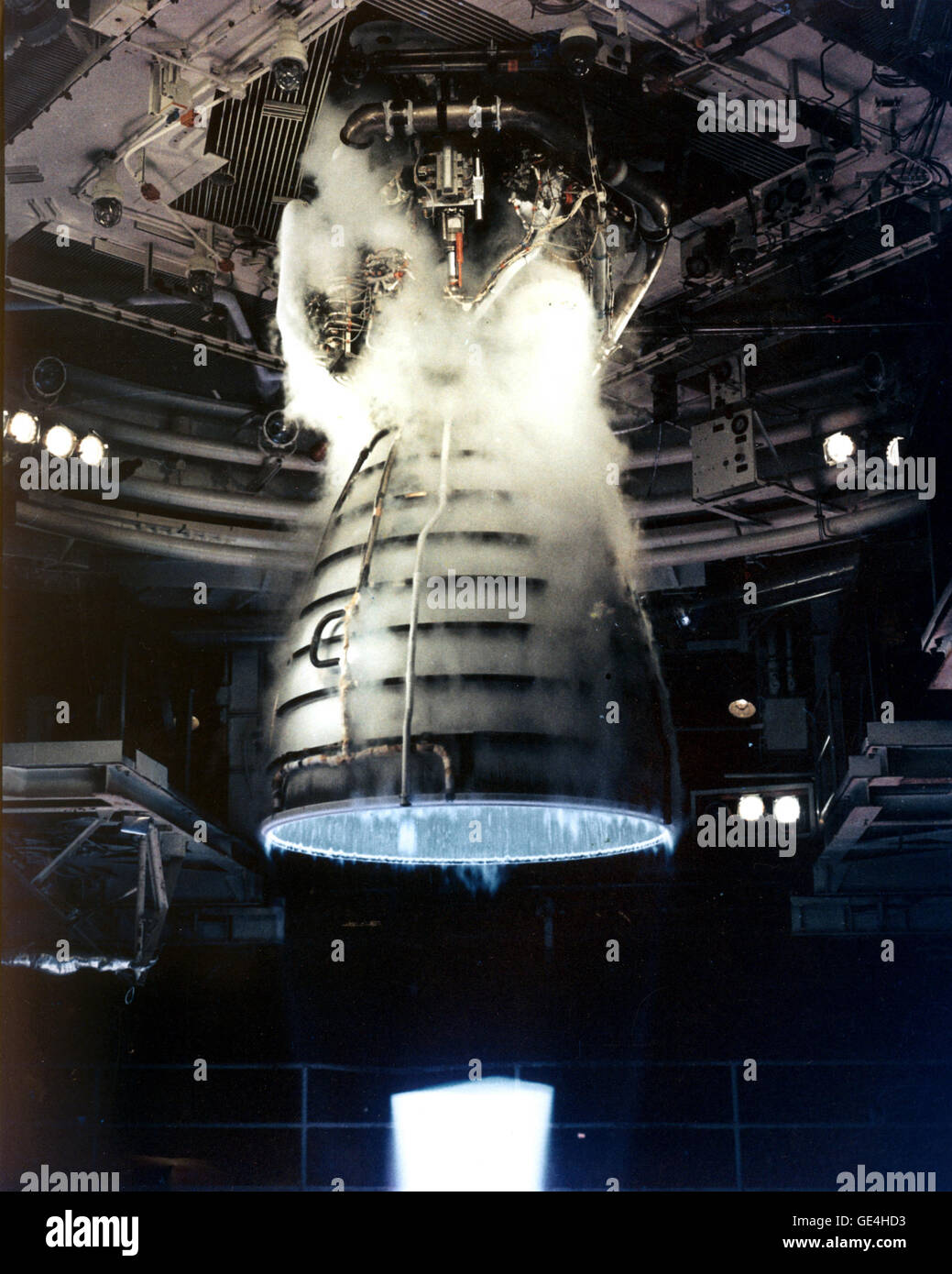 (1981) A remote camera captures a close-up view of a Space Shuttle Main Engine during a test firing at the John C. Stennis Space Center in Hancock County, Mississippi Stock Photo