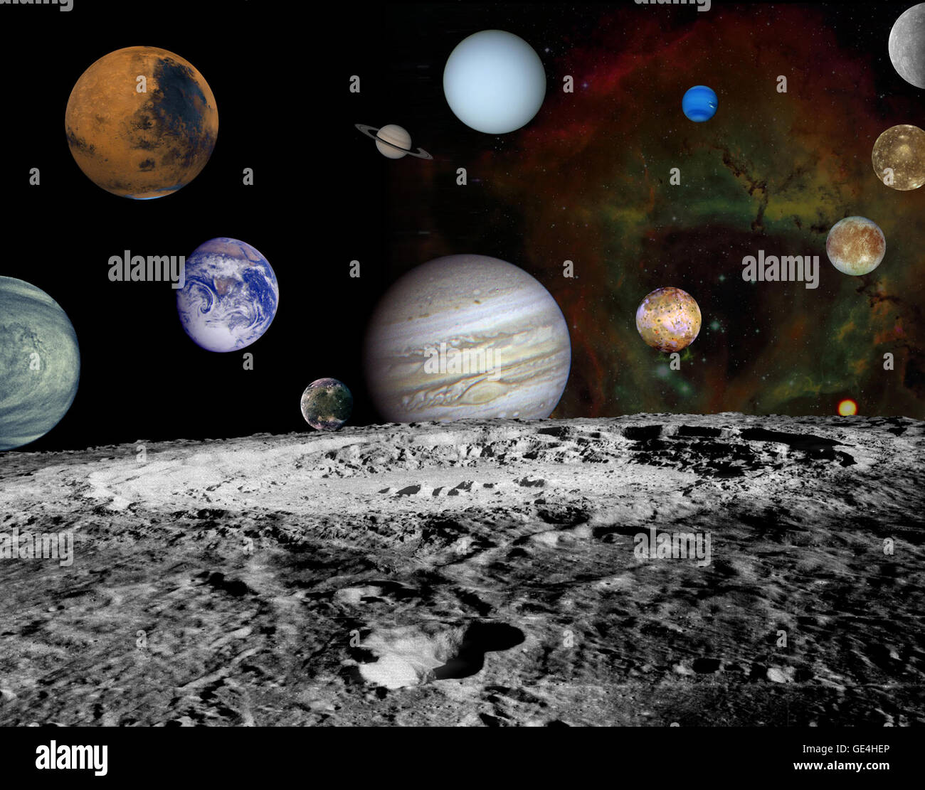 This montage of images taken by the Voyager spacecraft of the planets and four of Jupiter's moons is set against a false-color Rosette Nebula with Earth's moon in the foreground. Studying and mapping Jupiter, Saturn, Uranus, Neptune, and many of their moons, Voyager provided scientists with better images and data than they had ever had before or expected from the program. Although launched sixteen days after Voyager 2, Voyager 1's trajectory was a faster path, arriving at Jupiter in March 1979. Voyager 2 arrived about four months later in July 1979. Both spacecraft were then directed to Saturn Stock Photo