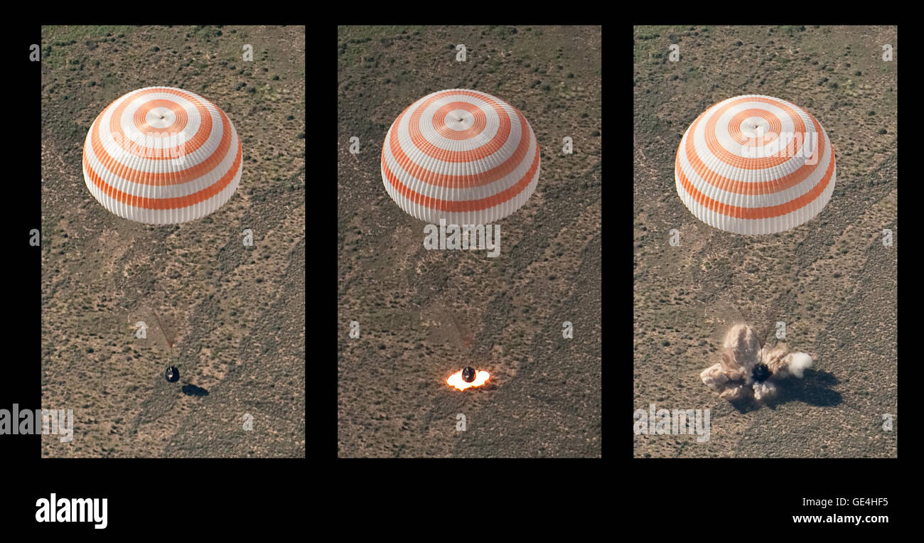This montage of three frames shows the Soyuz TMA-17 spacecraft as it lands with Expedition 23 Commander Oleg Kotov and Flight Engineers T.J. Creamer and Soichi Noguchi near the town of Zhezkazgan, Kazakhstan on Wednesday, June 2, 2010 (local time in Kazakhstan - 11:25 pm Eastern Daylight Time on June 1, 2010). NASA Astronaut Creamer, Russian Cosmonaut Kotov and Japanese Astronaut Noguchi were returning from six months onboard the International Space Station where they served as members of the Expedition 22 and 23 crews.  Photo Credit: (NASA/Bill Ingalls)  Image #s: 201006020012HQ, 201006020001 Stock Photo