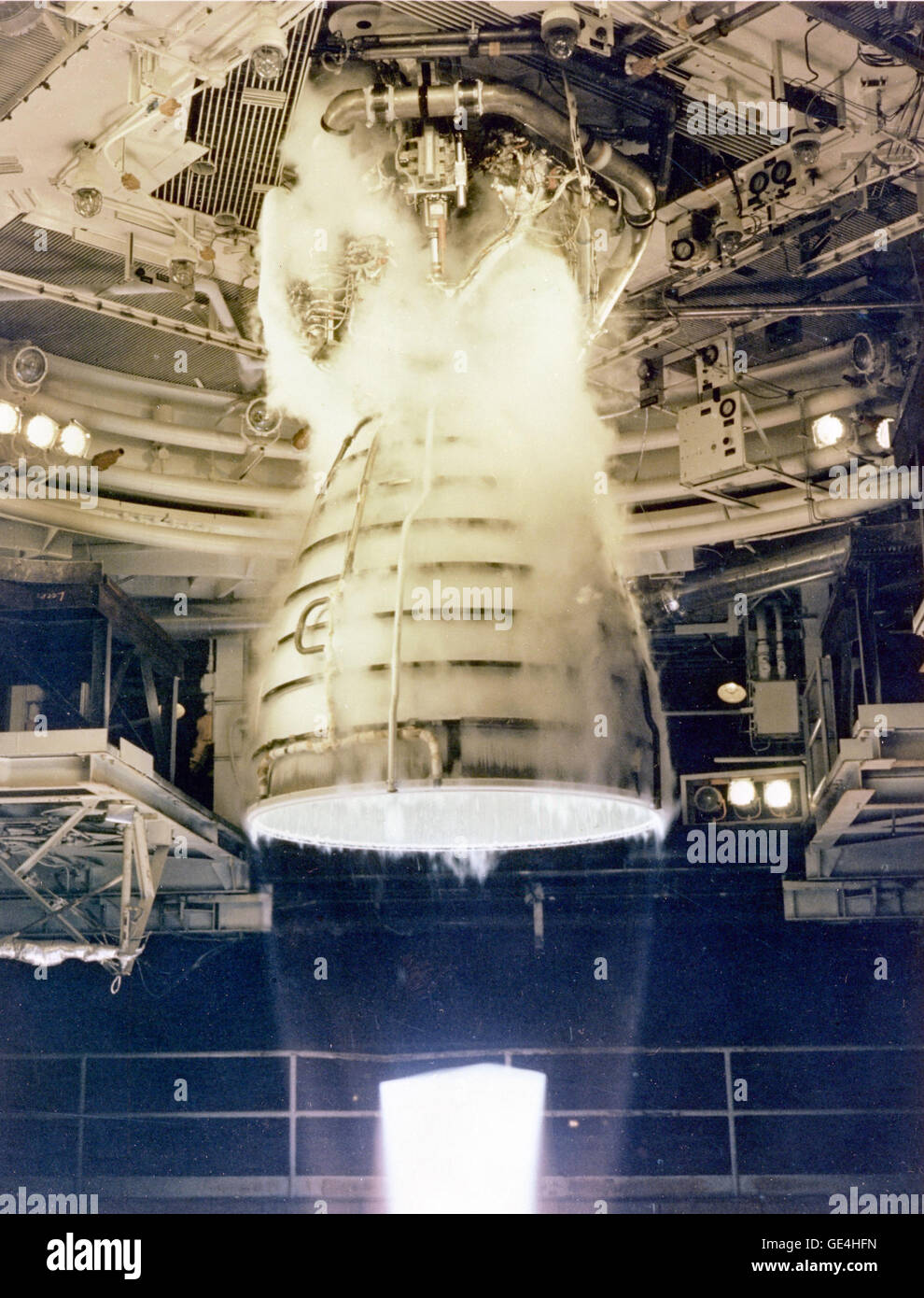 A Space Shuttle Main Engine (SSME) undergoing a full power level 290.04 second test firing at the National Space Technology Laboratories (currently called the Stennis Space Center) in Mississippi. The firings were part of a series of developmental testing designed to increase the amount of thrust available to the Shuttle from its three main engines. The additional thrust allowed the Shuttle to launch heavier payloads into orbit. The Marshall Space Flight Center (MSFC) had management responsibility of Space Shuttle propulsion elements, including the Main Engines.   Image #: GPN-2000-000055 Date Stock Photo