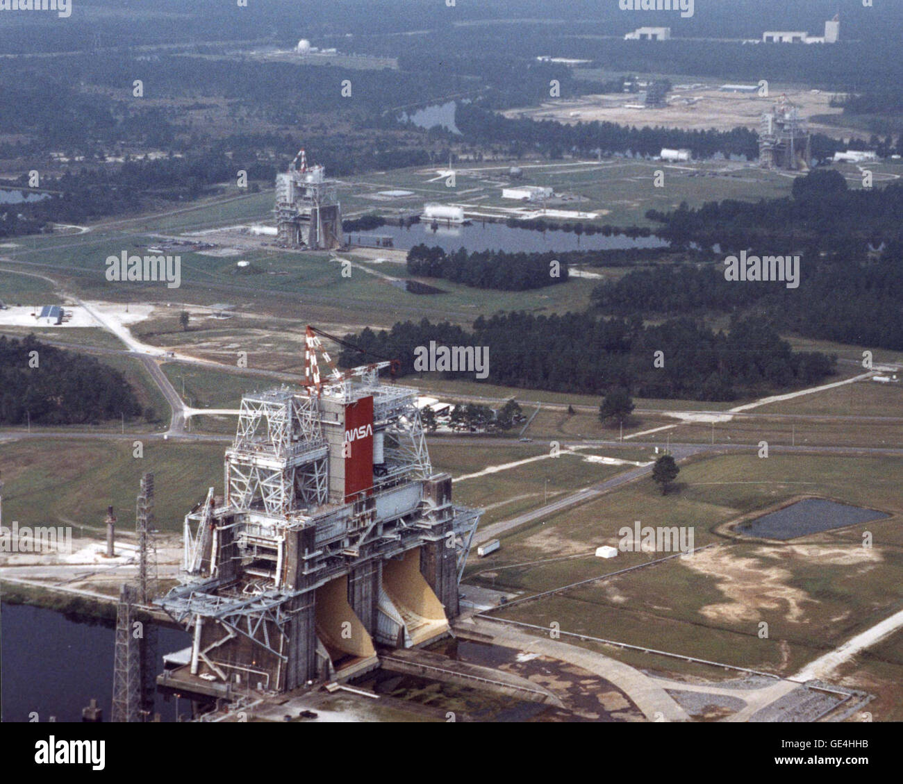 Pictured is the John C. Stennis Space Center's propulsion testing complex. In the foreground is the center's largest Test Stand the B-1, along with the A-2 and A-1 stands. These test stands are used to test the Space Shuttle Main Engines. In the distance can be seen the E-1 Test Facility. It is here that fuel tanks and materials for future spacecraft are tested. Stock Photo