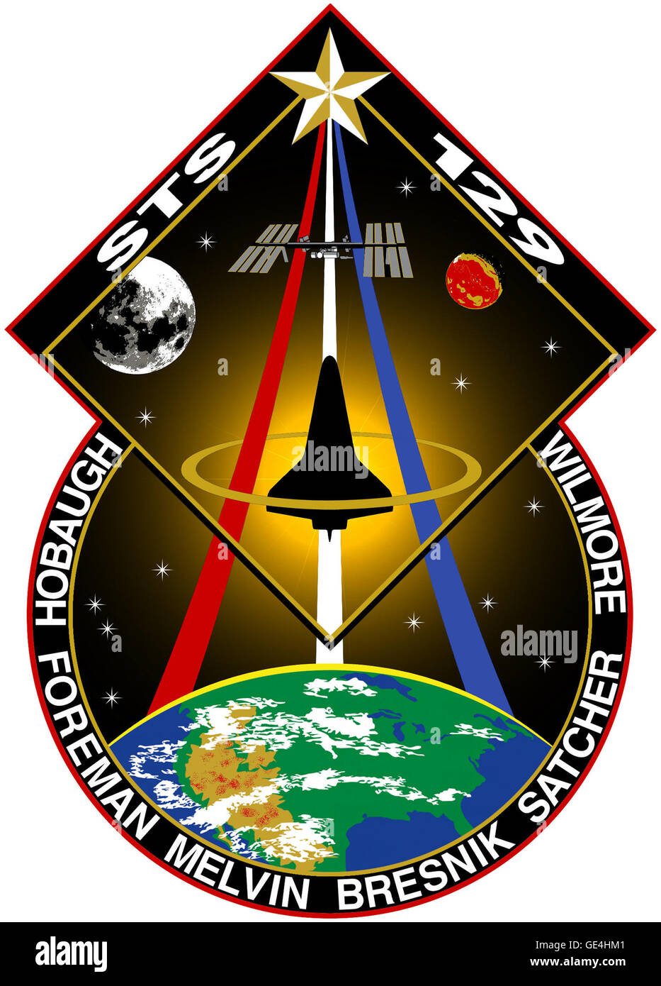 Launch: 2:28 p.m. EST - Nov. 16, 2009 Landing: 9:44 a.m. EST - Nov. 27, 2009, Kennedy Space Center, Fla.  Space Shuttle: Atlantis  Crew: Commander Charles O. Hobaugh, Pilot Barry E. &quot;Butch&quot; Wilmore, Mission Specialists Leland D. Melvin, Michael J. Foreman, Randolph J. Bresnik, Robert L. Satcher Jr., and Nicole P. Stott Atlantis' STS-129 mission was the 31st flight dedicated to space station assembly, resupply and maintenance -- one that should help keep the station supplied well into the future.  www.nasa.gov/mission pages/shuttle/shuttlemissions/sts129... ( http://www.nasa.gov/missi Stock Photo