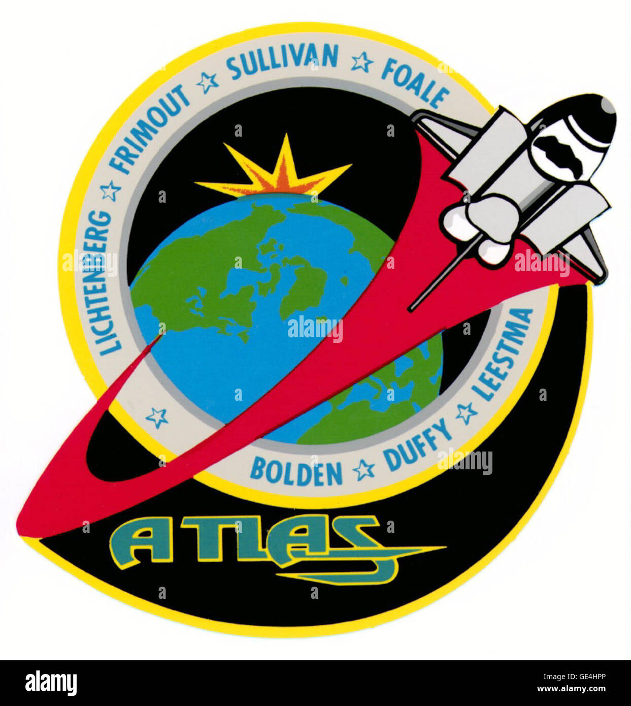 Launch: March 24, 1992  Landing: April 2, 1992 Kennedy Space Center, Fl. Astronauts: Charles F. Bolden Jr., Brian Duffy, Kathryn D. Sullivan, David C. Leestma, C. Michael Foale, Byron K. Lichtenberg and Dirk D. Frimout Space Shuttle: Atlantis The mission carried the first Atmospheric Laboratory for Applications and Science (ATLAS-1) on Spacelab pallets mounted in the orbiter's cargo bay. The non-deployable payload, equipped with 12 instruments from the U.S., France, Germany, Belgium, Switzerland, the Netherlands and Japan, conducted studies in atmospheric chemistry, solar radiation, space plas Stock Photo