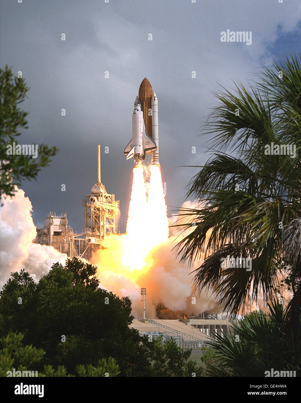 The first flight of the commercially developed SPACEHAB laboratory module begins with the flawless liftoff of the Space Shuttle Endeavour from Launch Pad 39B at 9:07:22 a.m. EDT, June 21, 1993. Also planned for the eight-day flight of Mission STS-57 is the retrieval of the European Retrievable Carrier (EURECA). Onboard for the fourth flight of Endeavour are a crew of six: Mission Commander Ronald J. Grabe; Pilot Brian Duffy; Payload Commander G. David Low; and Mission Specialists Nancy Jane Sherlock, Peter J.K. &quot;Jeff&quot; Wisoff, and Janice E. Voss. The first launch attempt on June 20 wa Stock Photo