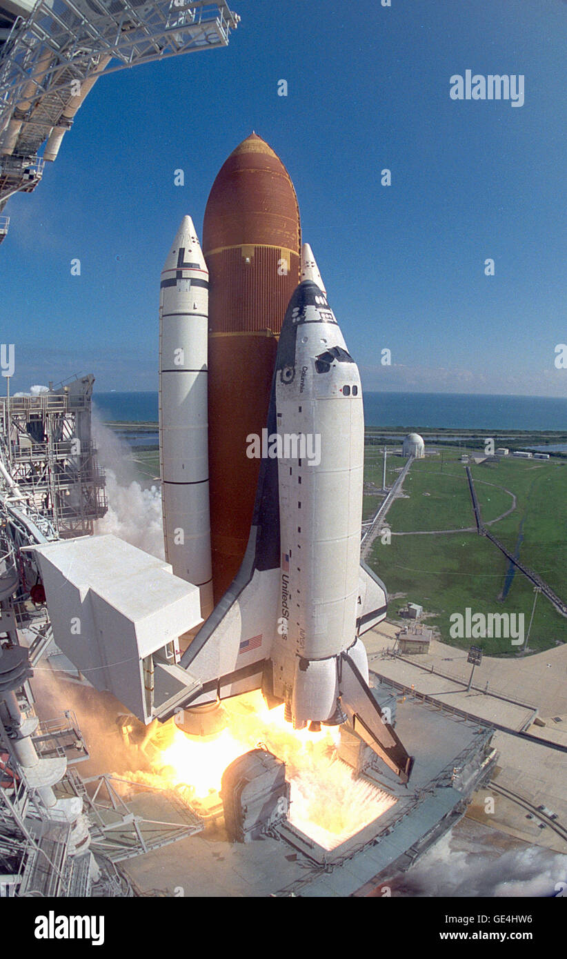 (October 18, 1993) The longest Space Shuttle flight in program history begins at 10:53:10 a.m. EDT with a flawless liftoff from Launch Pad 39B. During the 14 day flight of STS-58, a seven member crew will study extensively the adaptation of the human body to the near-weightless environment of space. Mission Commander is John E. Blaha; Pilot, Richard A. Searfoss; Payload Commander, Dr. M. Rhea Seddon; Mission Specialists, William S. McArthur Jr., David A. Wolf, and Shannon W. Lucid; and Payload Specialist, Martin J. Fettman. Stock Photo