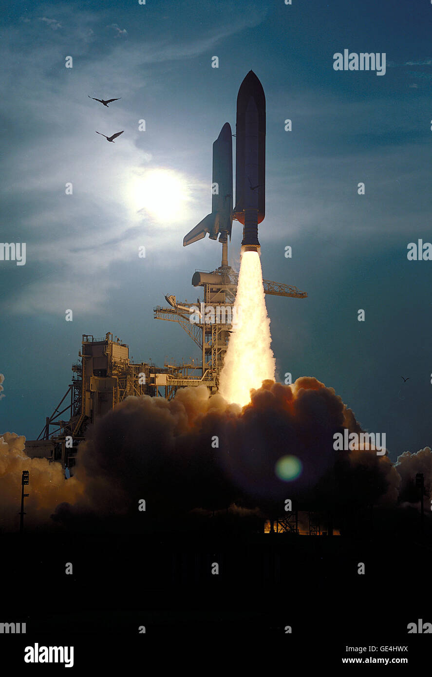 The Space Shuttle Discovery soars skyward from Launch Pad 39B on Mission STS-64 at 6:22:35 p.m. EDT, September 9, 1994. On board were a crew of six: Commander Richard N. Richards; Pilot L. Blaine Hammond Jr.; and Mission Specialists Mark C. Lee, Carl J. Meade, Susan J. Helms and Dr. J.M. Linenger. Payloads for the flight included the Lidar InSpace Technology Experiment (LITE), the Shuttle Pointed Autonomous Research Tool for Astronomy 201 (SPARTAN201) and the Robot Operated Processing System (ROMPS).   Image # : 94PC-1137 Stock Photo