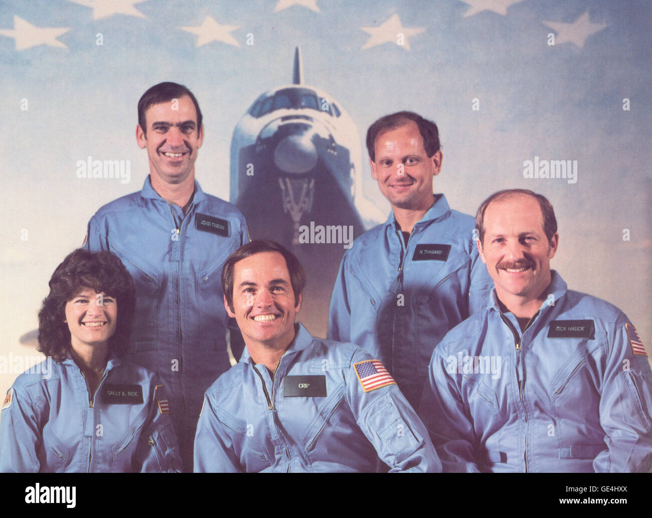 (1983) Astronauts of the STS-7/Challenger mission are left to right first row: Sally K. Ride (mission specialist), Robert L. Crippen (commander), Frederick H. Hauck (pilot); rear row: John M. Fabian (left) and Norman E. Thagard (mission specialists). STS-7 launched the first five-member crew and the first American female astronaut into space on June 18, 1983. Stock Photo