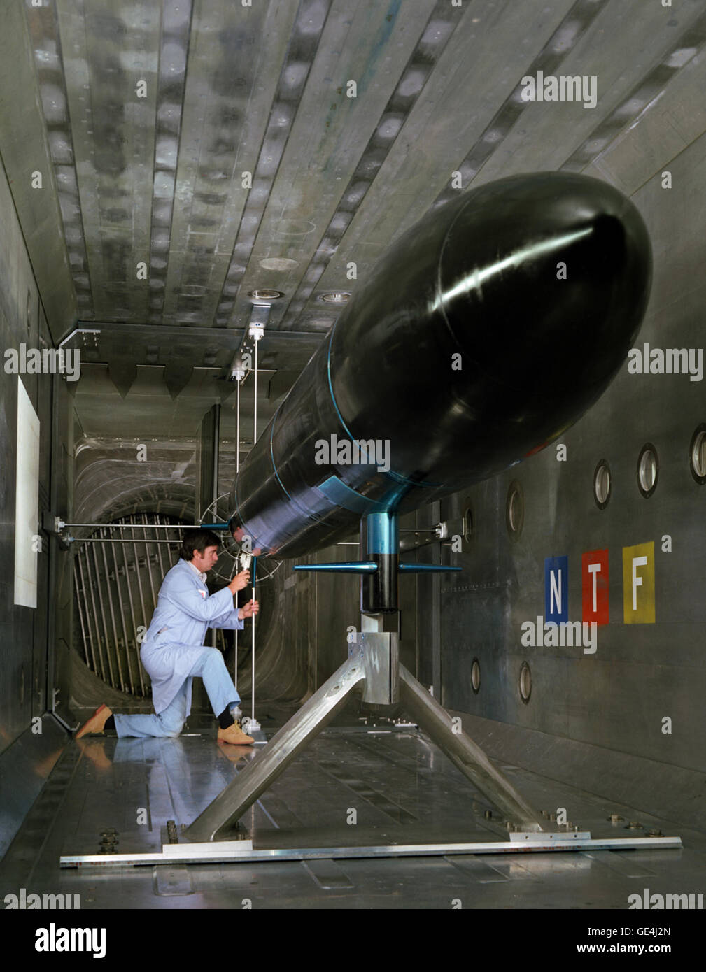 Navy submarine undergoing tests in the National Transonic Facility. Because air works in the same way as a liquid, it can be used to simulate the effects of water on a submarine hull. Stock Photo