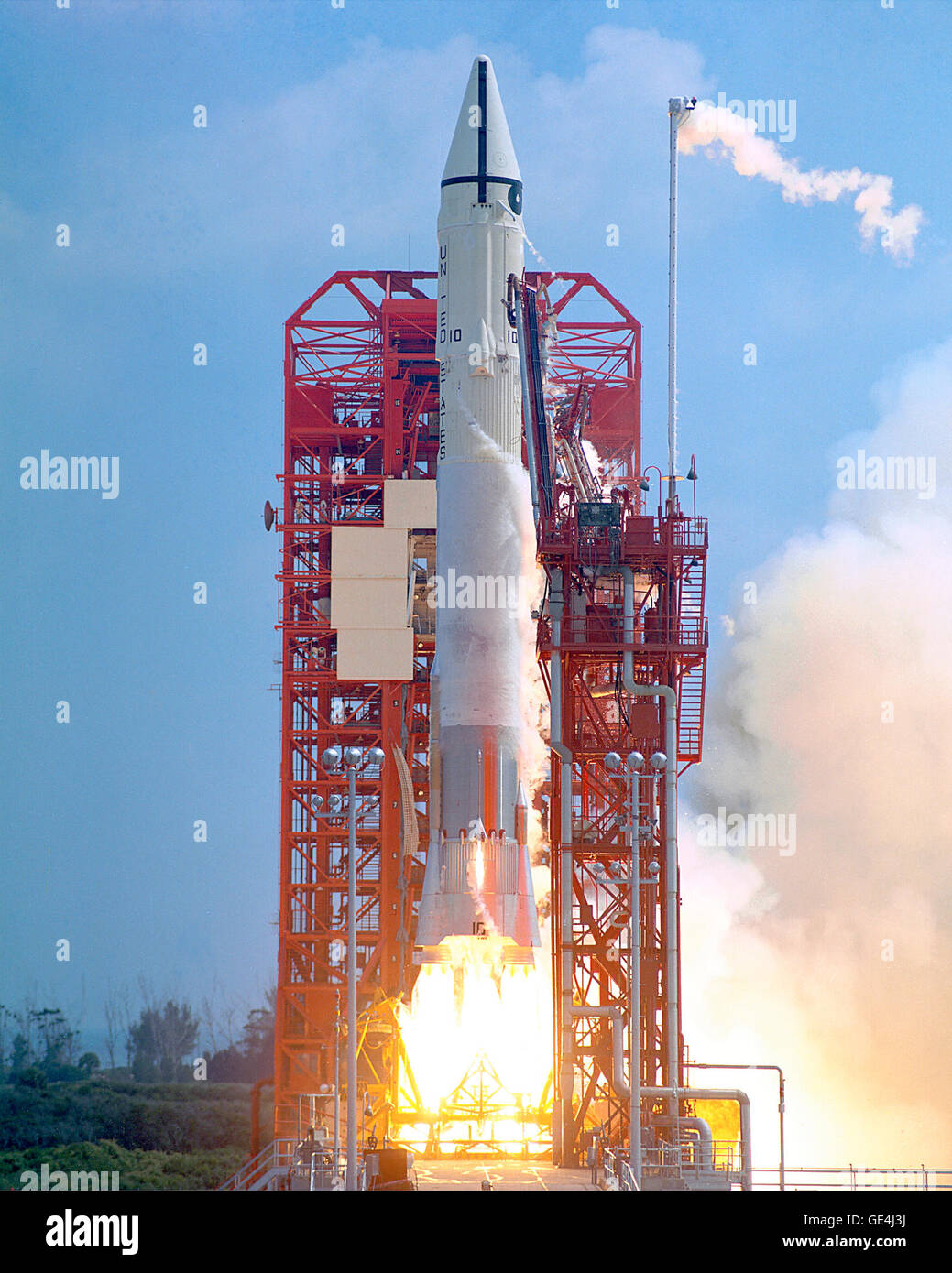 The Atlas-Centaur 10, carrying the Surveyor 1 spacecraft, lifting off from Pad 36A. The Surveyor 1 mission scouted the lunar surface for future Apollo manned lunar landing sites.   Image # : 66PC-0113  Date: May 30, 1966 Stock Photo