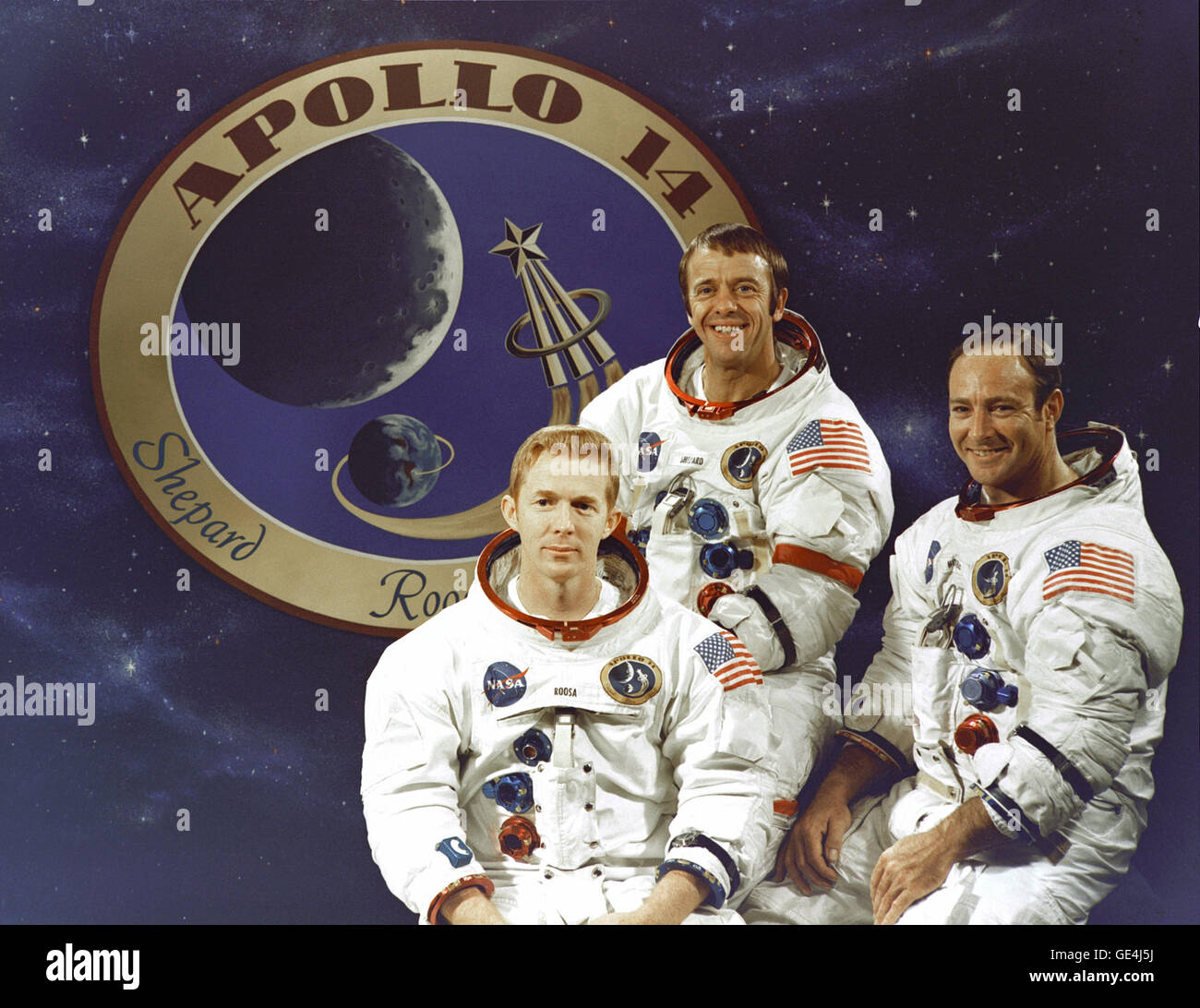 (December 3, 1970) The prime crew of the Apollo 14 lunar landing mission. From left to right they are: Command Module pilot, Stuart A. Roosa, Commander, Alan B. Shepard Jr. and Lunar Module pilot Edgar D. Mitchell. The Apollo 14 mission emblem is in the background.  Image # : S70-55387 Stock Photo