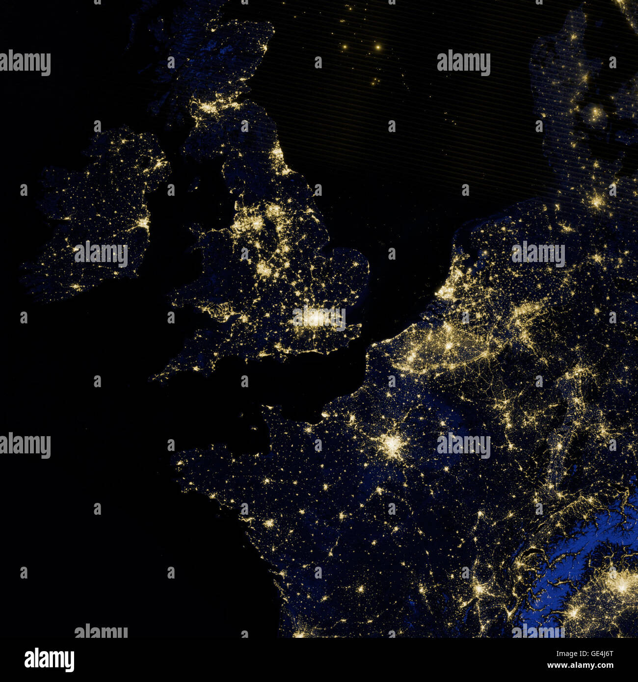 Description Billions of people will see London through many different filters and lenses during the 2012 Olympic Games and Paralympic Games. None of those views will look quite like this one from the Suomi National Polar-orbiting Partnership satellite. The image above shows London and the southern half of Great Britain as it appeared on the night of March 27, 2012. While most of the events in the 2012 Olympics will be held in the greater London area, several other cities and towns will host events, including: canoeing at Lee Valley White Water Center; sailing in Portland Harbour; rowing and ca Stock Photo