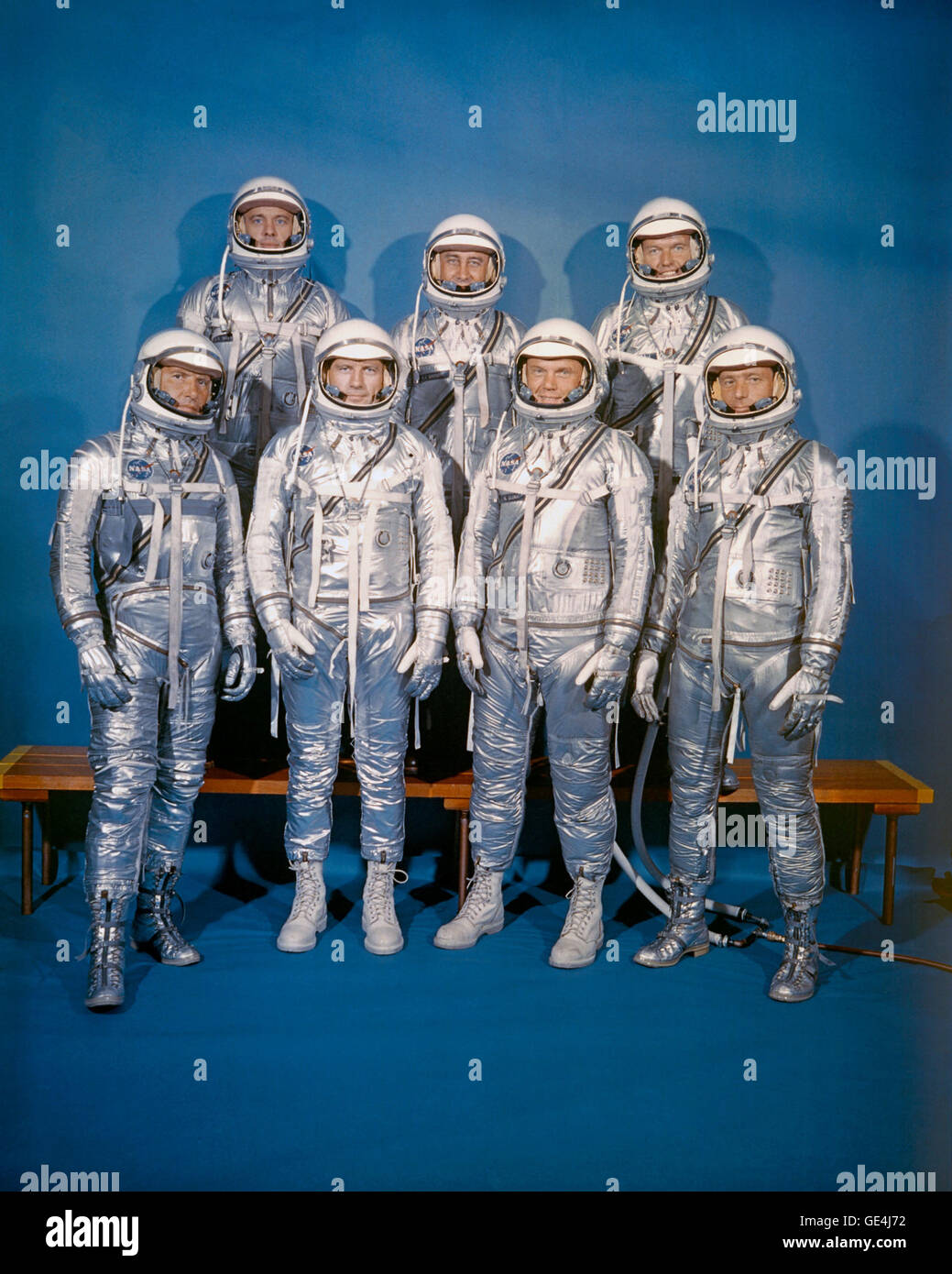 On April 9, 1959, NASA introduced its first astronaut class, the Mercury 7. Front row, left to right: Walter M. Schirra, Jr., Donald K. &quot;Deke&quot; Slayton, John H. Glenn, Jr., and M. Scott Carpenter; back row, Alan B. Shepard, Jr., Virgil I. &quot;Gus&quot; Grissom, and L. Gordon Cooper, Jr. Stock Photo