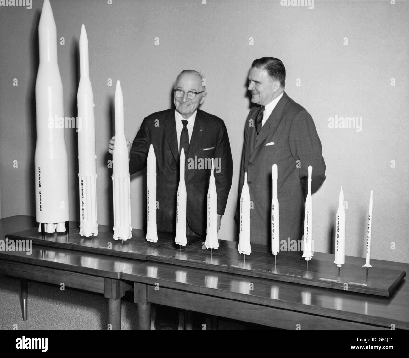 On November 3, 1961 former President Harry S. Truman visited the newly opened NASA Headquarters, Washington D.C. Accompanied by former NASA Administrator James E. Webb, he was presented with a collection of rocket models for his Presidential Library in Independence, Missouri.                                                Image # : TRUMAN-ROCKETS Stock Photo