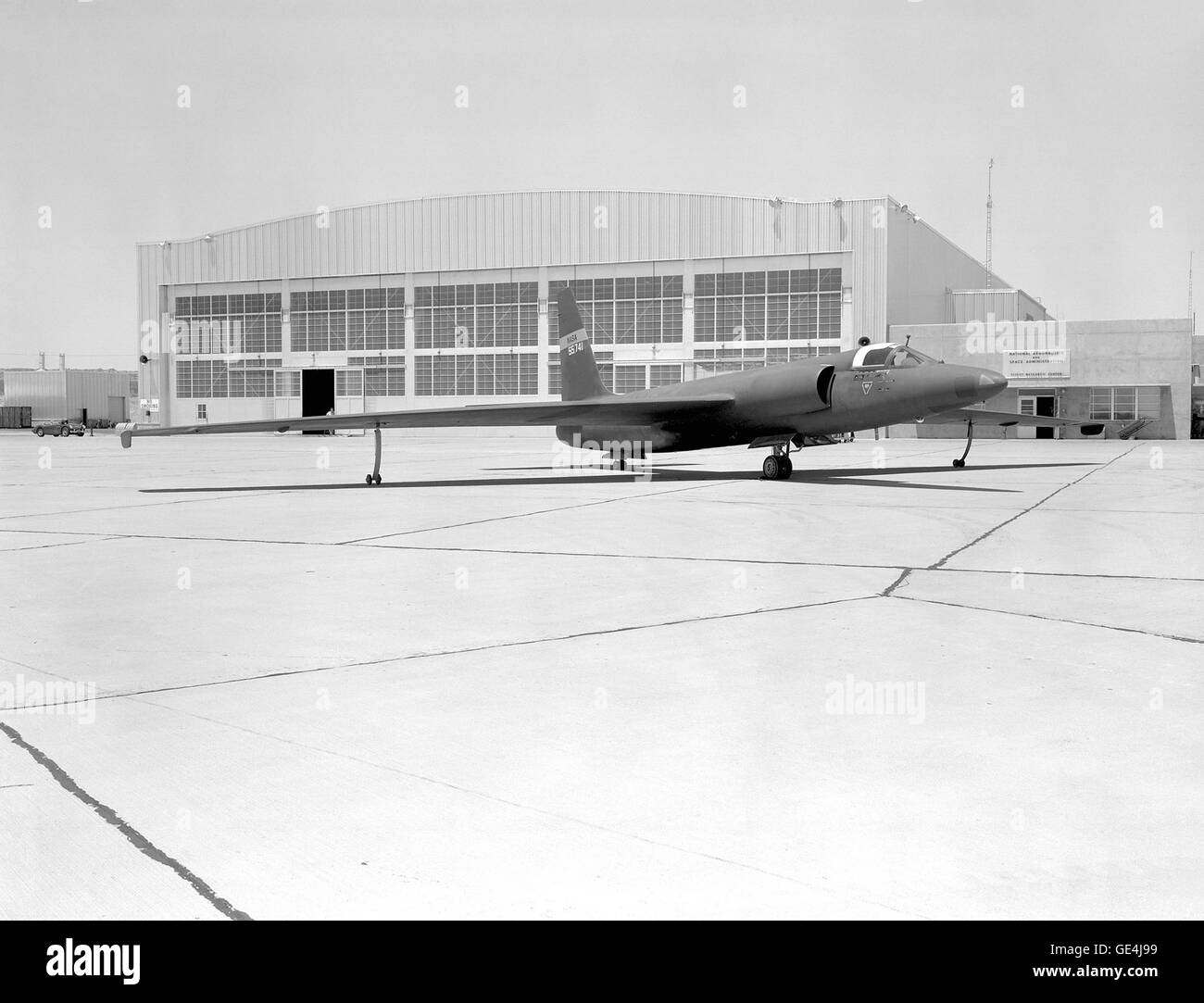 After Francis Gary Powers was shot down over the Soviet Union during a CIA spy flight on May 1. 1960, NASA issued a press release with a cover story about a U-2 conducting weather research that may have strayed off course after the pilot reported difficulties with his oxygen equipment. To bolster the cover-up, a U-2 was quickly painted in NASA markings, with a fictitious NASA serial number, and put on display for the news media at the NASA Flight Research Center at Edwards Air Force Base on May 6, 1960. The U-2 cover story in 1956 was that it was an NACA plane to conduct high-altitude weather  Stock Photo