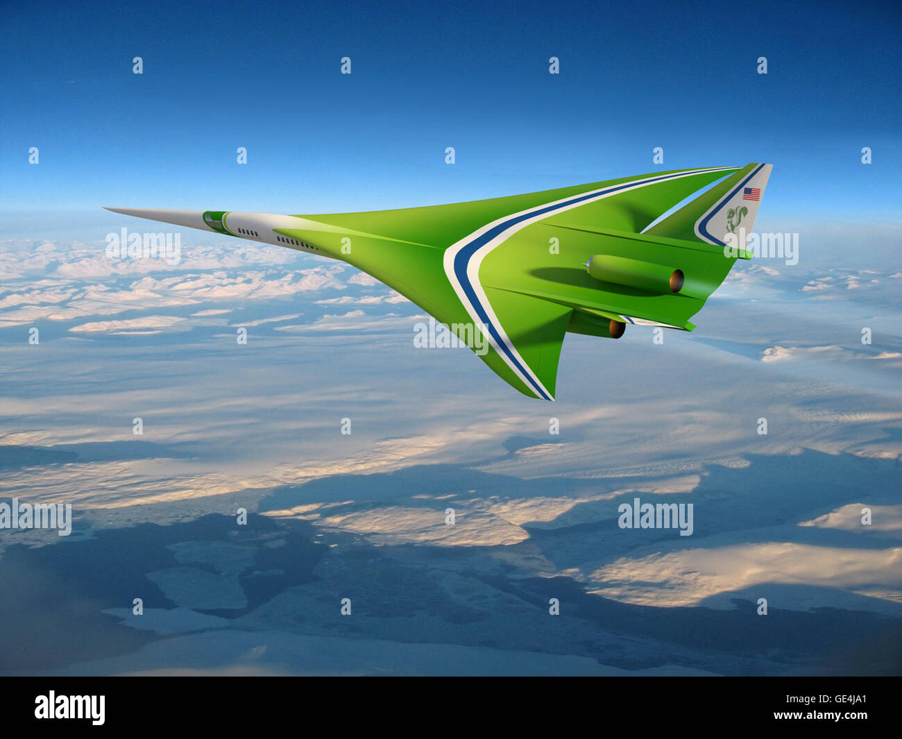 This updated future aircraft design concept from NASA research partner Lockheed Martin shows a few changes from another concept seen eight images earlier in this gallery. It is a good example of how simulations and wind tunnel tests, conducted over time, generate data that tell researchers how to improve a design to achieve goals. The goals for a future supersonic aircraft are to produce a much lower-level sonic boom and to reduce emissions. The ultimate goal is to achieve a low enough boom that a current ruling prohibiting supersonic flight over land might be lifted.  Image credit: NASA/Lockh Stock Photo