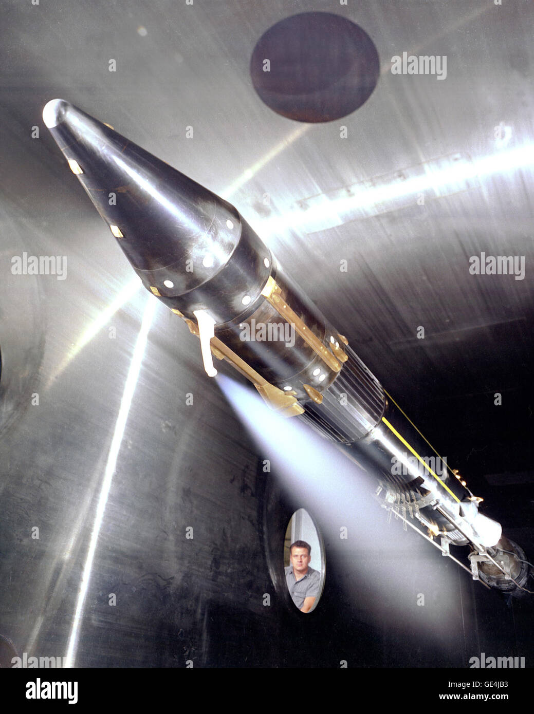 (September 6, 1963) Vent flowing cryogenic fuel and T/C Rake mounted on a 1/10 scale model Centaur in the l0 x l0 Foot Supersonic Wind Tunnel. The fuel being used is liquid hydrogen. The point of the test is to determine how far to expel venting fuel from the rocket body to prevent explosion at the base of the vehicle. This vent is used as a safety valve for the fumes created when loading the fuel tanks during launch preparation. Liquid hydrogen has to be kept at a very low temperature. As it heats, it turns to gas and increases pressure in the tank. It therefore has to be vented overboard whi Stock Photo