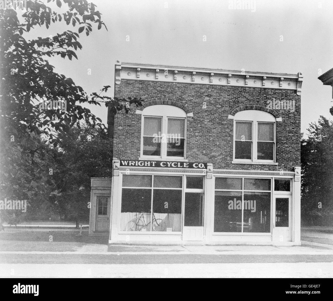 This historic photograph shows the Wright Cycle Shop in Dayton, Ohio, as it appeared in 1937 after being relocated to the Henry Ford Museum. The Wright brothers, pioneers in aviation, initially started their business by selling and modifying bicycles. Stock Photo
