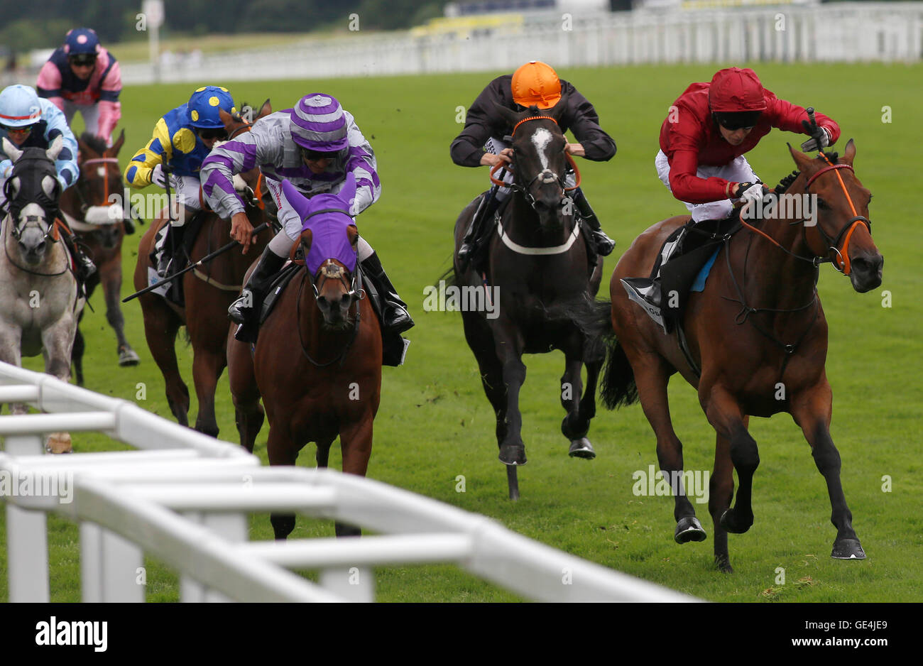 Sea of Heaven ridden by Luke Morris (right) leads the field home to win The John Guest Brown Jack Stakes Race run during day one of the King George VI Weekend at Ascot Racecourse. PRESS ASSCOCIATION Photo. Picture date: Friday July 22, 2016. See PA story Racing Ascot. Photo credit should read: Julian Herbert/PA Wire. RESTRICTIONS: Use subject to restrictions. Editorial use only, no commercial or promotional use. No private sales. Call +44 (0)1158 447447 for further information. Stock Photo