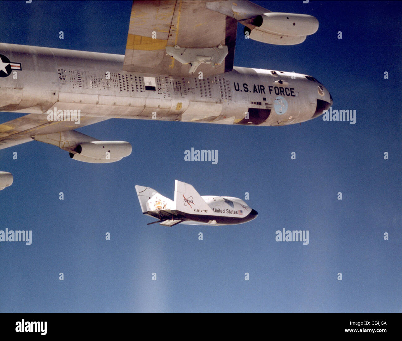 (July 1, 1999) The X-38 research vehicle drops away from NASA's B-52 mothership immediately after being released from the B-52's wing pylon. More than 30 years earlier, this same B-52 launched the original lifting-body vehicles flight tested by NASA and the Air Force at what is now called the Dryden Flight Research Center and the Air Force Flight Test Center. NASA B-52 Tail Number 008 is an air launch carrier aircraft &quot;mothership,&quot; as well as a research aircraft platform that has been used on a variety of research projects.   Image # : EC99-45080-25 Stock Photo