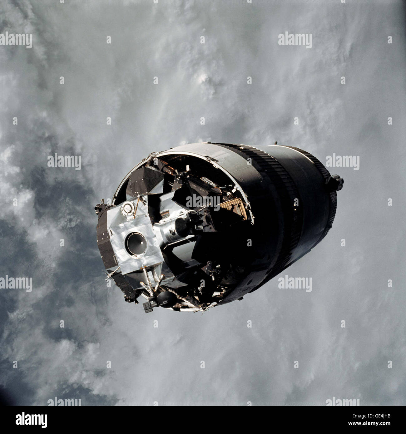 (March 3, 1969) The Lunar Module “Spider,” remains attached to the Saturn IVB stage in earth orbit prior to docking with Apollo 9’s Command/Service Module, “Gumdrop.” The photo was taken following separation of the CSM from the S-IVB stage, and the Spacecraft Lunar Module Adapter (SLA) panels have already been jettisoned. Following a March 3, 1969 launch, Apollo 9’s crew of James McDivitt, Dave Scott, and Rusty Schweickart spent 10 days testing the Lunar Module and Command and Service Modules in Earth orbit. Apollo 9 was the first mission to dock the CSM with the LEM, and the astronauts paved Stock Photo