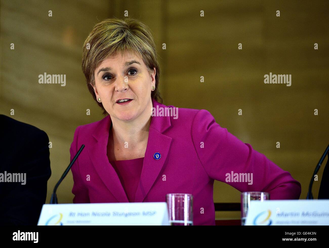 Scotland's First Minister Nicola Sturgeon, speaks during a press conference following an emergency meeting of the British Irish Council in Cardiff - which was called by Wales' First Minister Carwyn Jones, at the Temple of Peace, Cardiff. Stock Photo