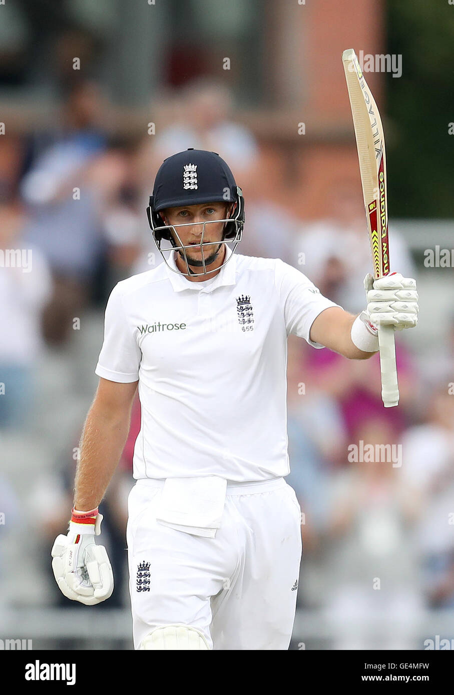England's Joe Root celebrates making his century against Pakistan during day one of the Second Investec Test match at Emirates Old Trafford, Manchester. Stock Photo