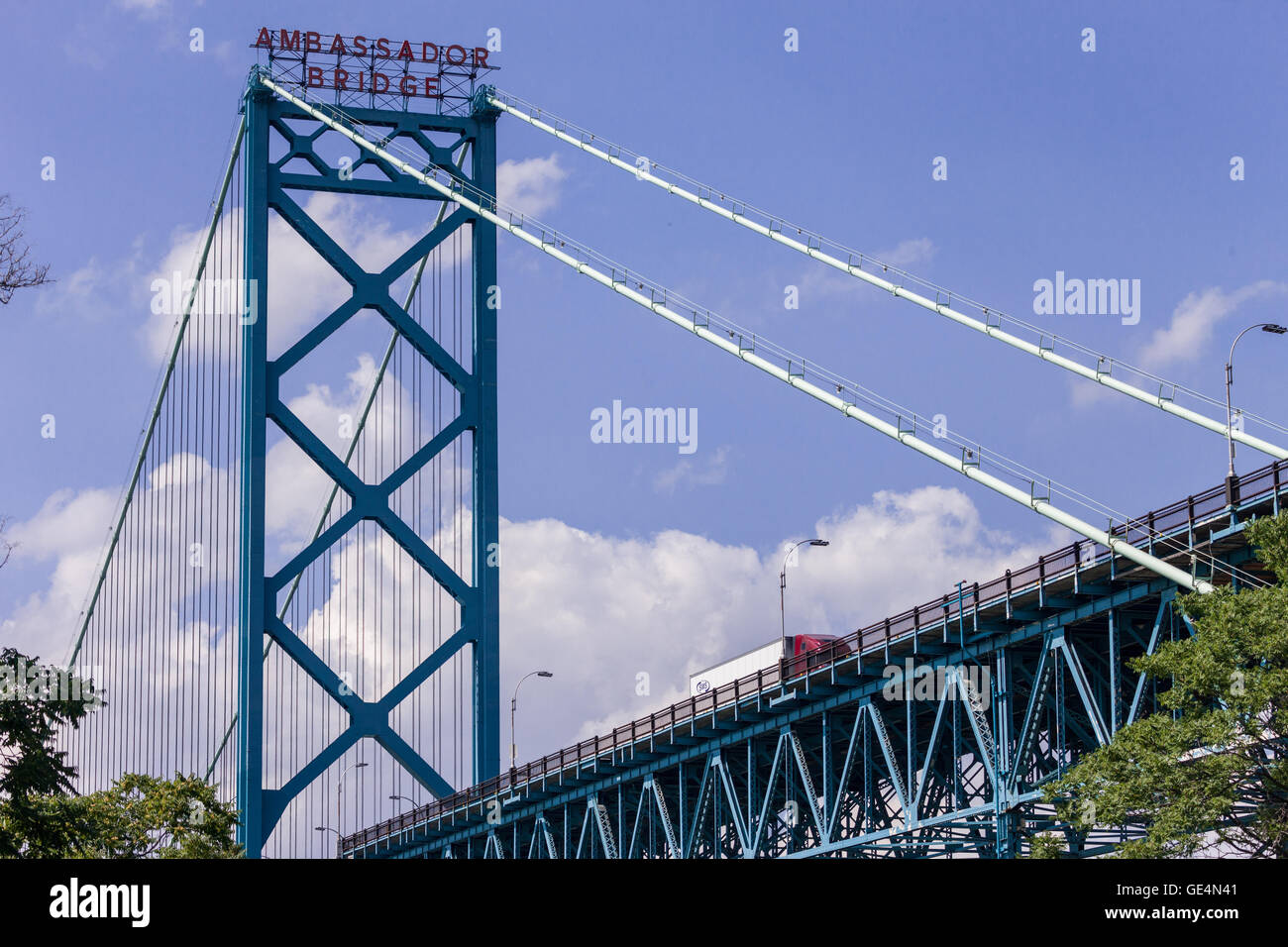 The Ambassador Bridge spans the Detroit River between Windsor Ontario Canada and Detroit Michigan, USA. Stock Photo